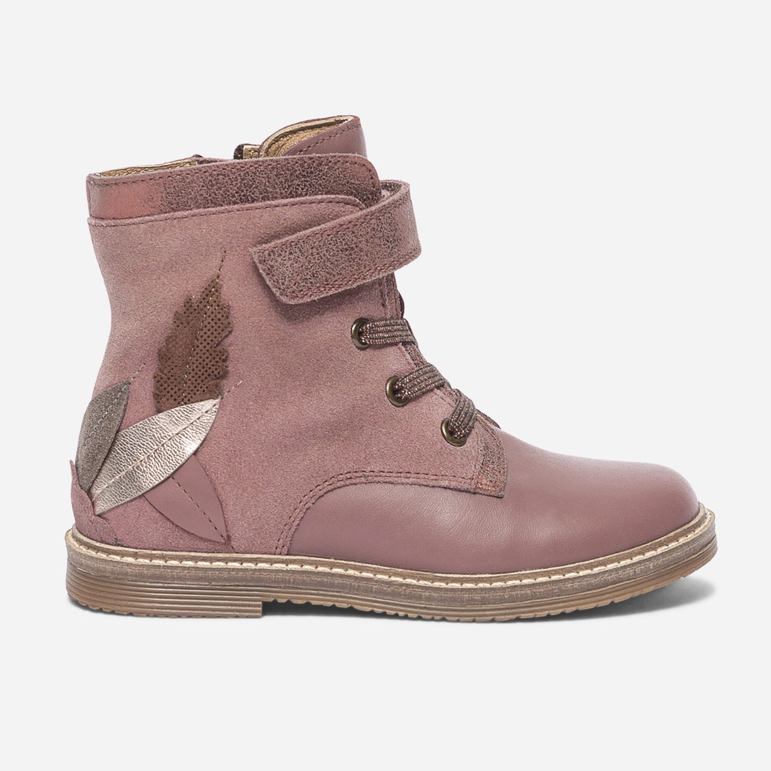 Bottine rose en cuir avec plumes