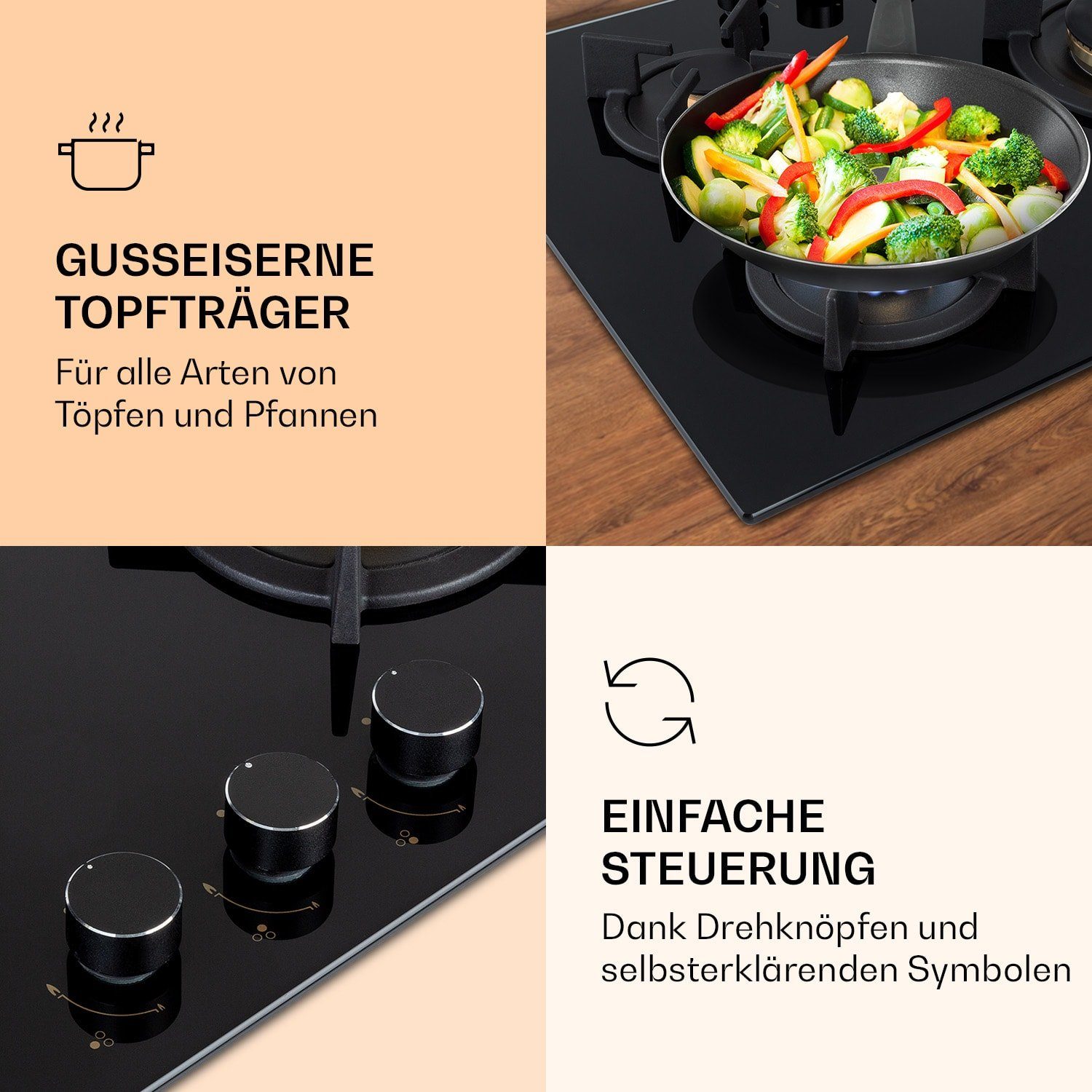 Klarstein Gas-Kochfeld Goldflame 3 Gaskochfeld 3-flammig Messing-Brenner Glaskeramik CP11-Goldflame-3, Einbau Gas Kochfeld 3 Platten Herdplatte Kochplatte Einbaukochfeld