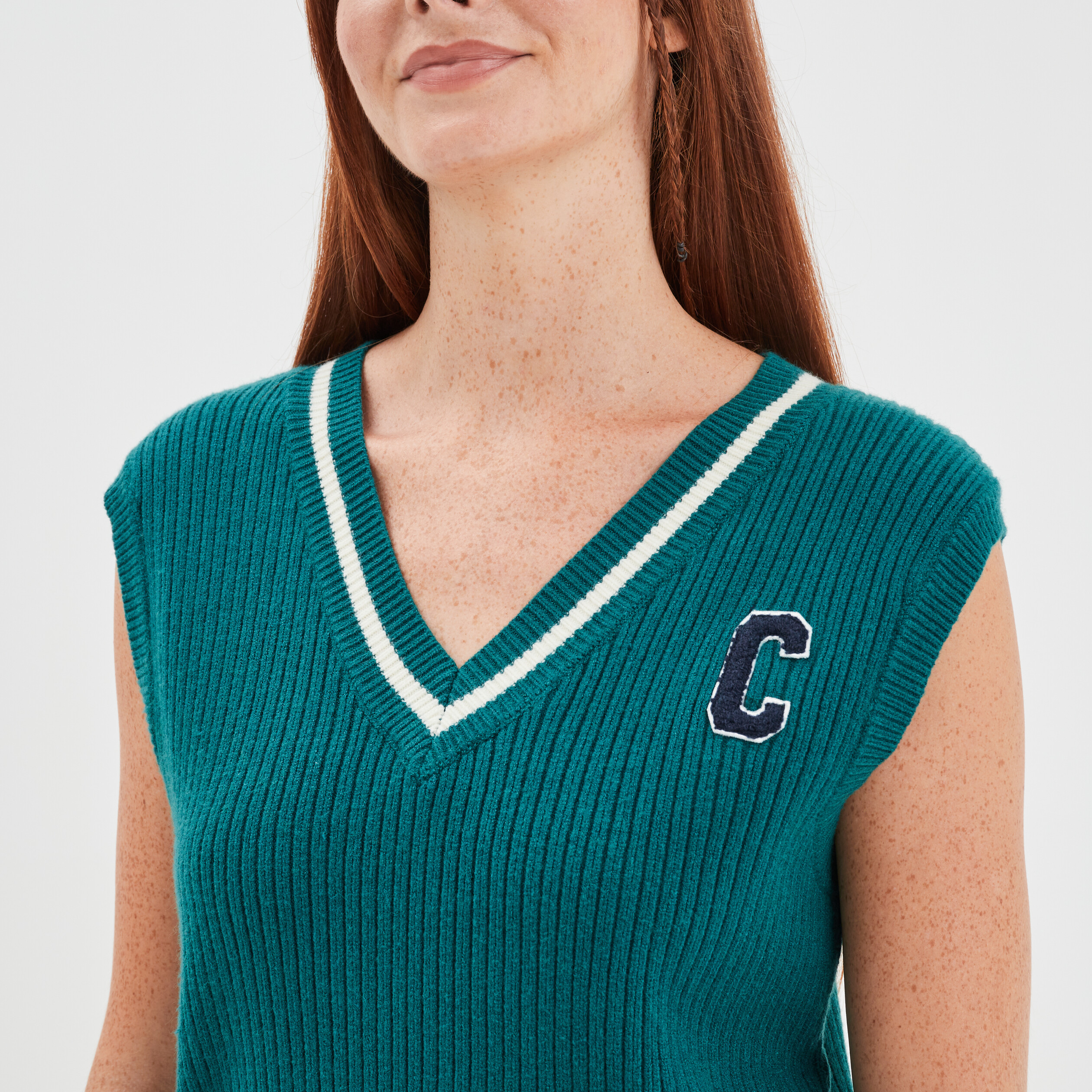 Pull sans manches col en V Creeks vert émeraude femme | La Halle
