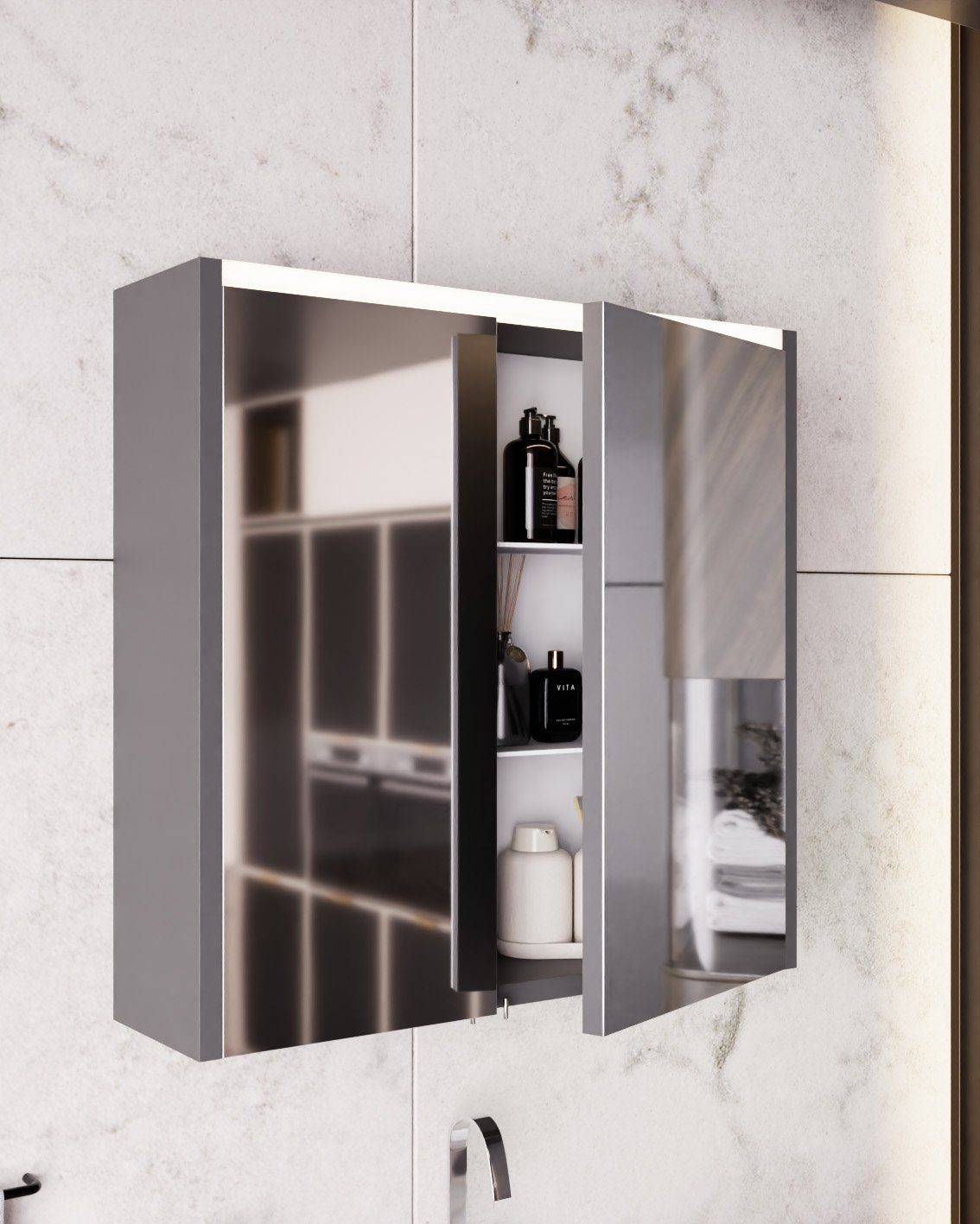 Karen Badmöbel-Set Royal, (Komplett-Set, 3-Teilig (Unterschrank, Spiegelschrank, Waschbecken), 3-St., Unterschrank mit Schubladen, Spiegelschrank mit Türen & Regalen), Geschwungenes Design, Acryl-Beschichtung, Softclose, Griffmulden