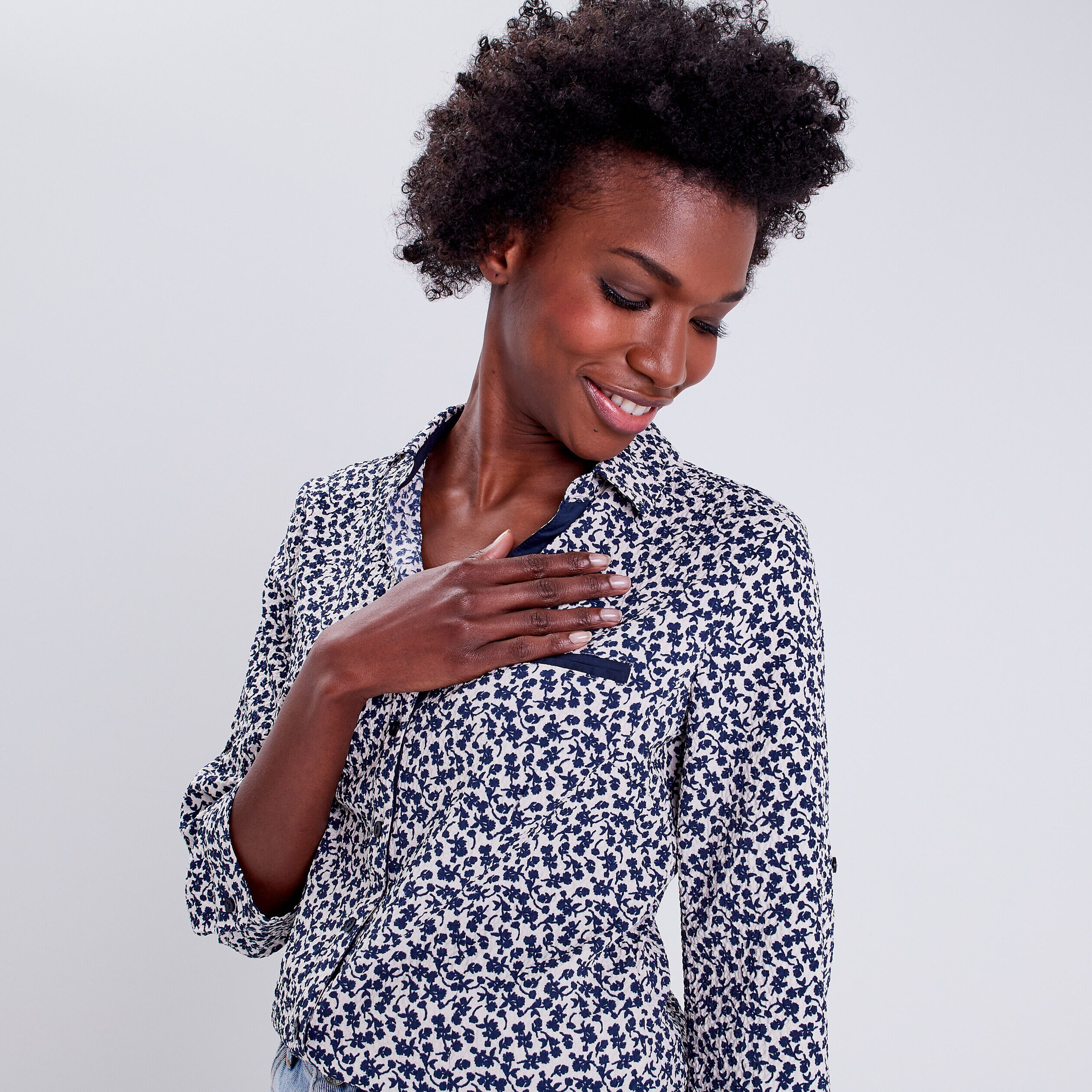 Blouse manches 3/4 bleu marine femme | Cache Cache