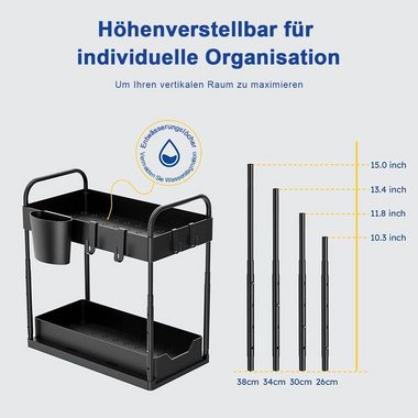 Kpaloft Ablageregal 2-stöckiger Organizer mit 4 Haken 2 Etagen & 1 Hängebeche, Spülschrankregal Waschbecken Regal, Unter der Spüle Schiebeschrank Regal Organizer für Badezimmer, Küchen
