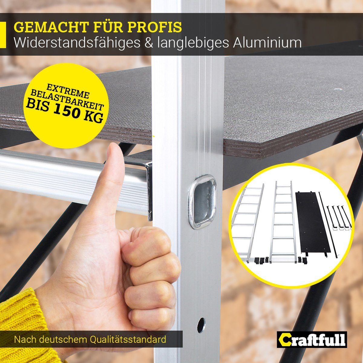 Craftfull Arbeitsgerüst 4in1 Leitergerüst CF-103A - 3 J. Garantie - Mehrzweckleiter Aluminium, (1.68 m - 1.95 m - 150 kg Traglast - Alu Stehleiter bis 150 kg - Doppelhohlkehlenprofil - Anlegeleiter - Gelenkleiter - Stehleiter - Trittleiter - Wandleit