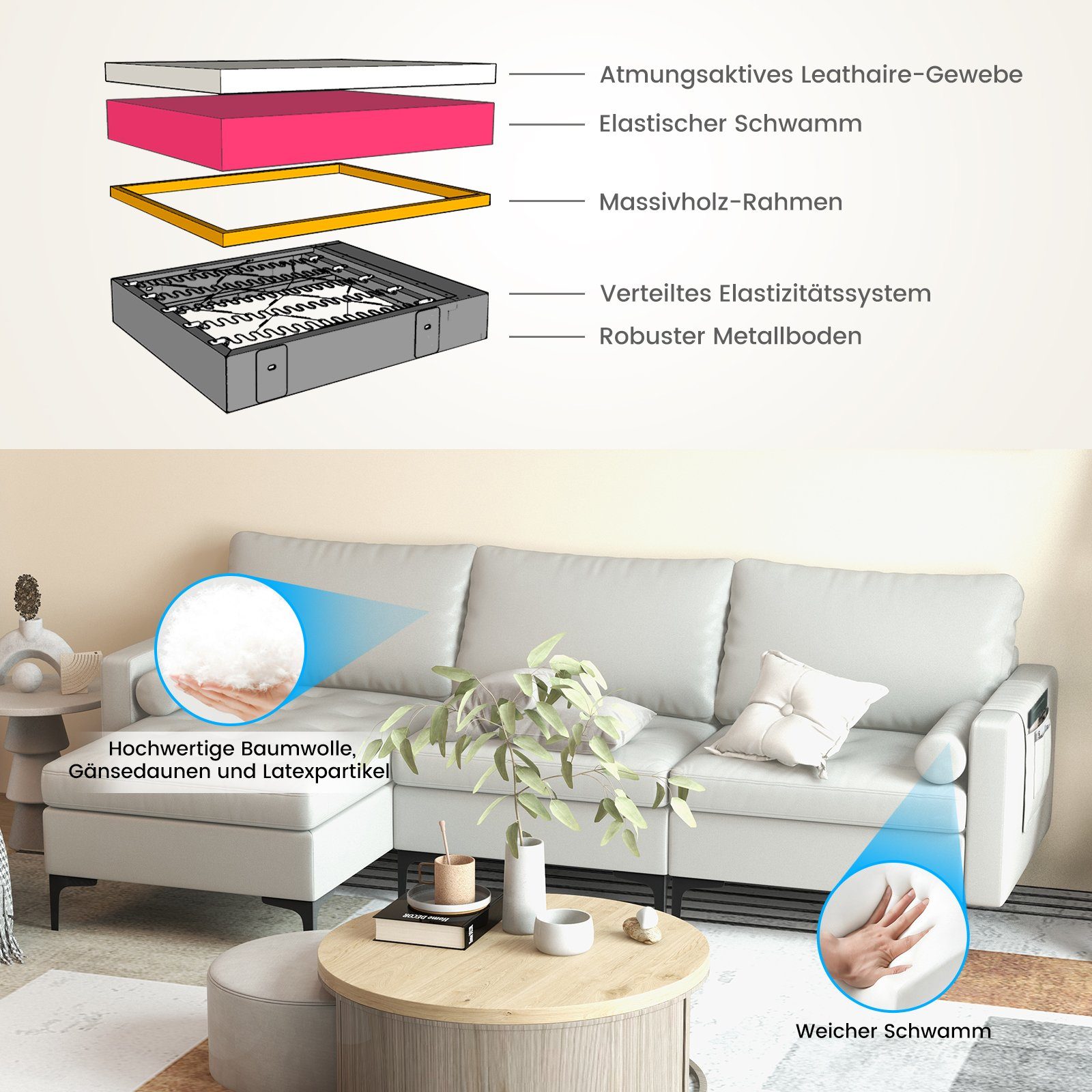 COSTWAY Ecksofa, mit Schlaffunktion, 2 USB-Anschlüsse&Steckdose, 322x130x80cm