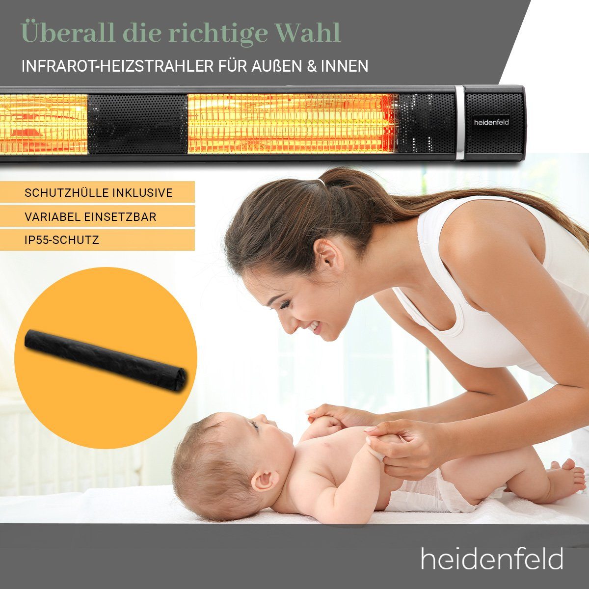 Heidenfeld Heizstrahler Elektroheizung IH110 für Terrasse, bis 3.000 Watt 3 Jahre Garantie, 3000 W, 3 Heizstufen - Fernbedienung - 180° neigbar - Infrarotheizstrahler