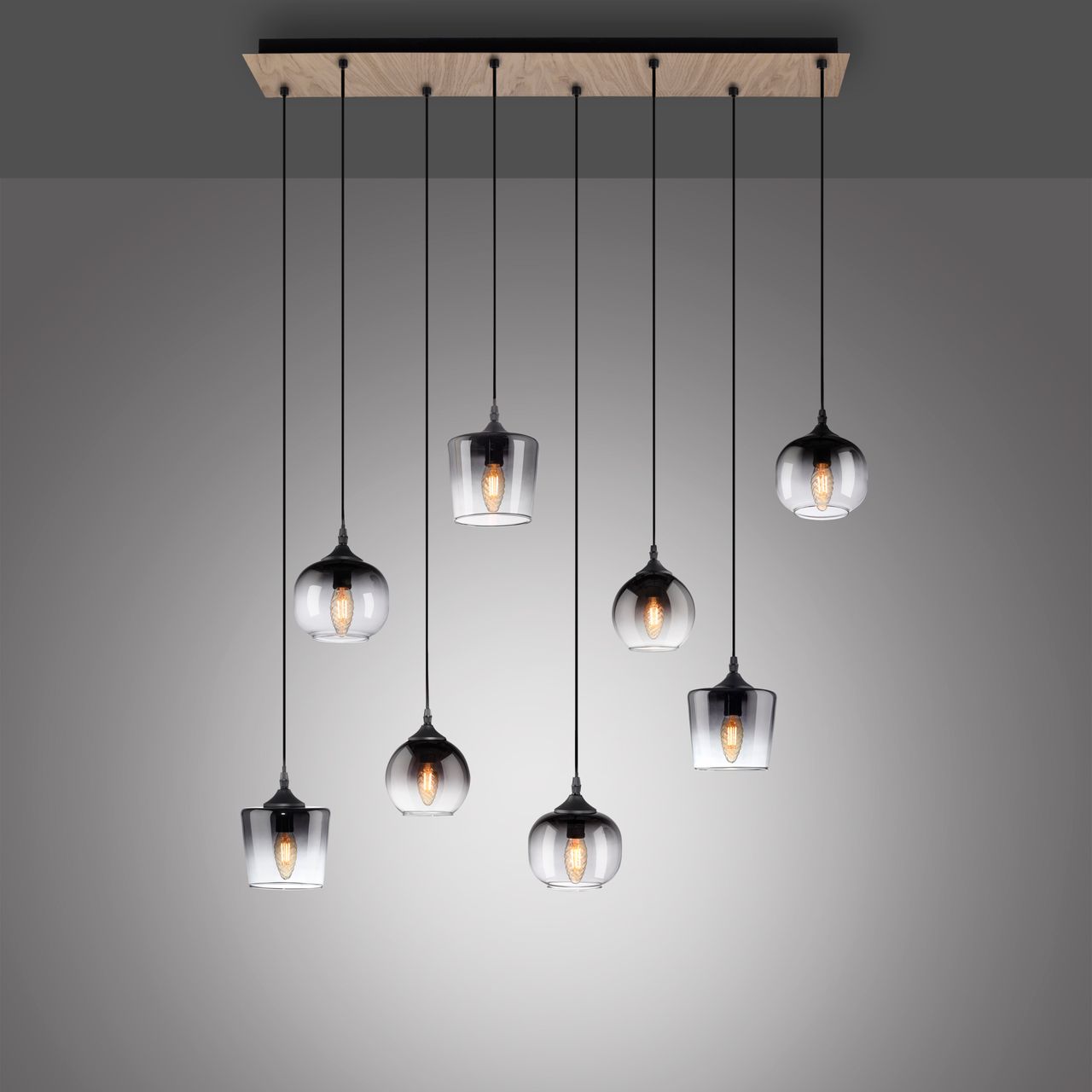 JUST LIGHT Pendelleuchte GREEN ZEA, 8x E14/25 Watt max., rauchfarbene Gläser, Holz-natur