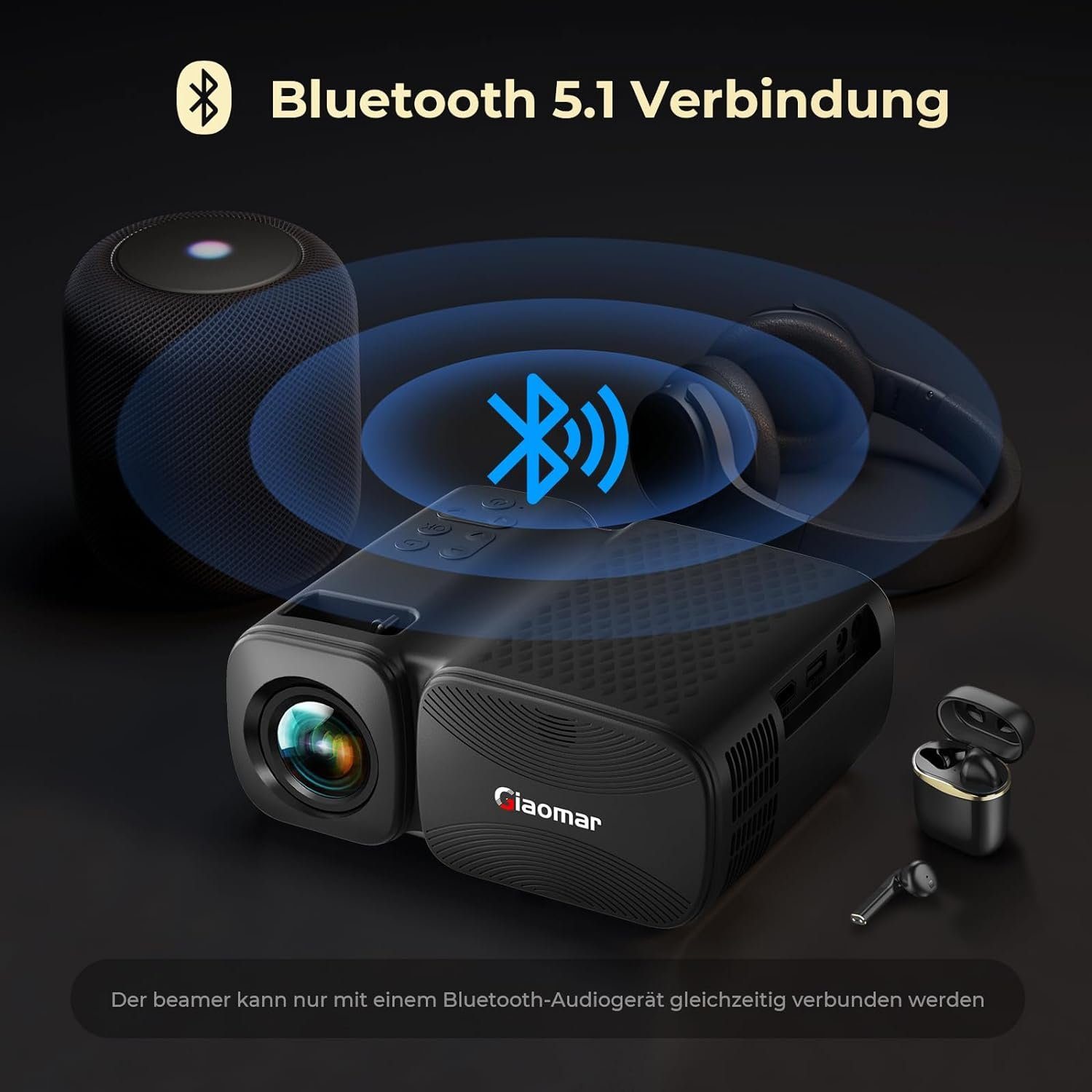 Vigpil Beamer (9000 lm, 8000:1, 1920 x 1080 px, LED Mini Beamer Bluetooth 250” Display, Klein Tragbarer Kurzdistanz)