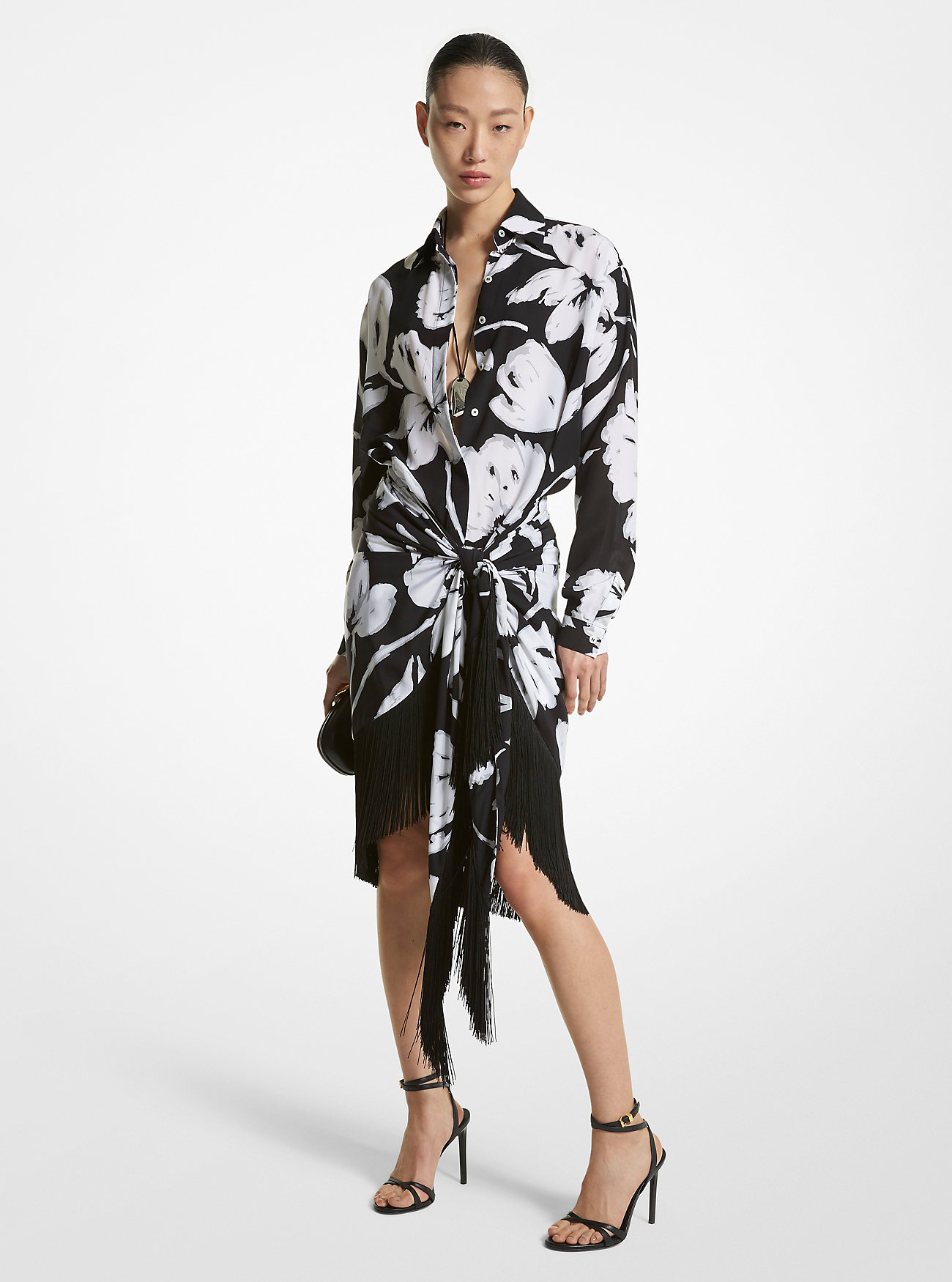 Brushstroke Floral Silk Crepe De Chine Fringed Sarong Skirt - WHITE/BLACK