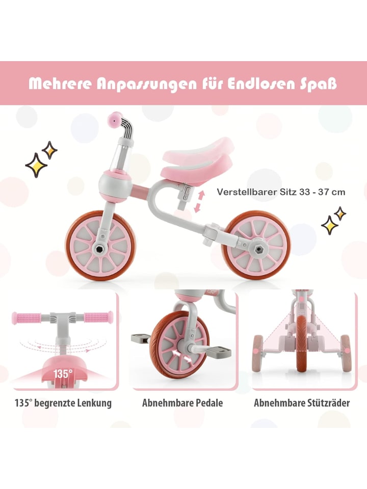 COSTWAY 4 in 1 Dreirad von 2-4 Jahren in Rosa günstig kaufen 38 cm