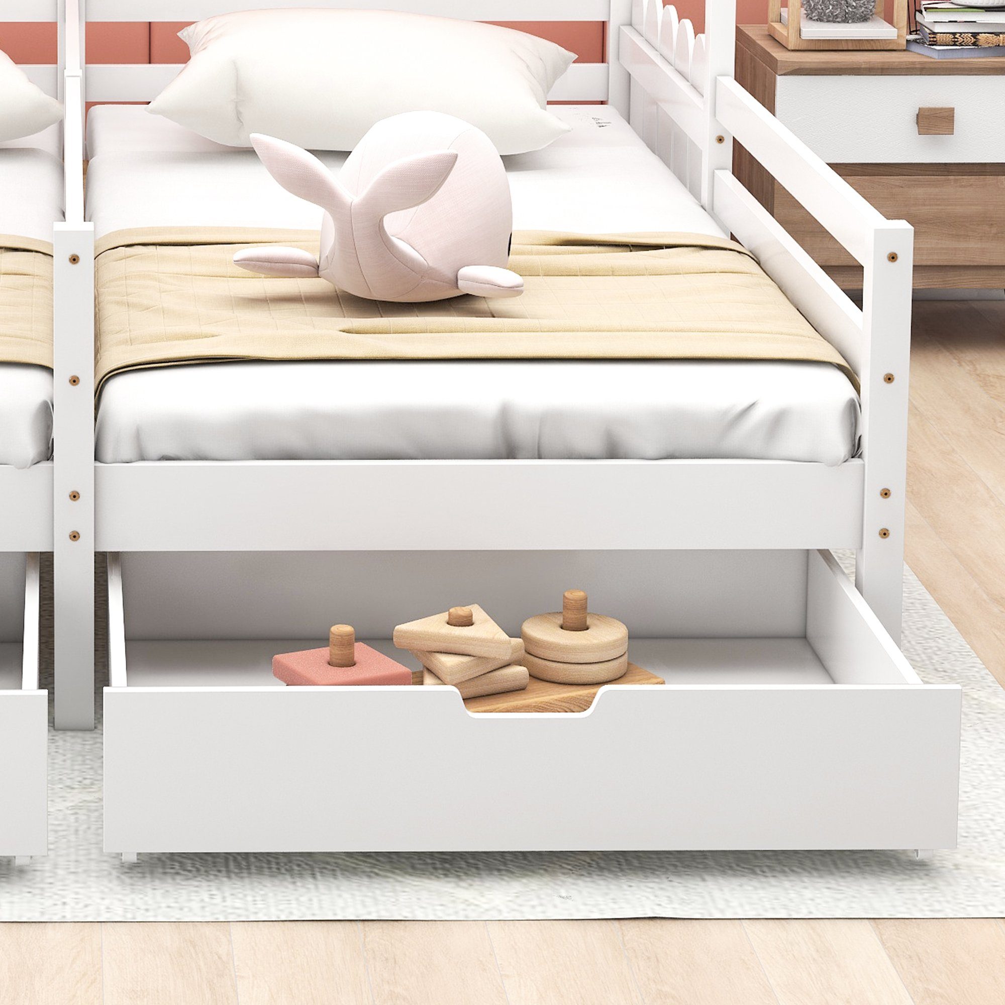 Flieks Massivholzbett, Hausbett Kinderbett Doppelbett 2 Schubladen 200x90cm