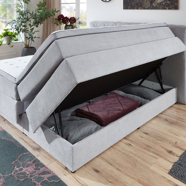 Boxspringbett Premium mit Bettkasten, 180 x 200 cm, hellgrau