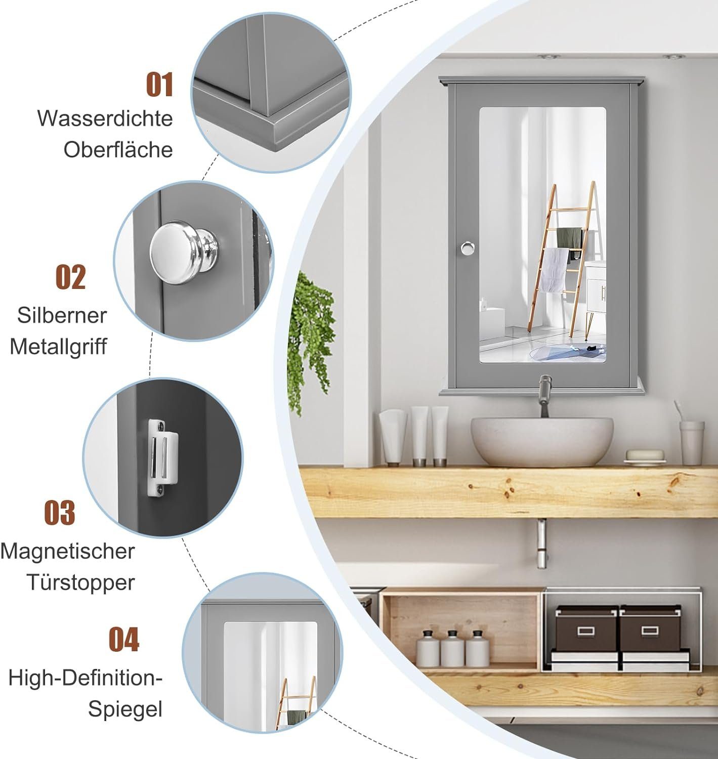 KOMFOTTEU Spiegelschrank mit Verstellbarer Ablage 34 x 15 x 53 cm