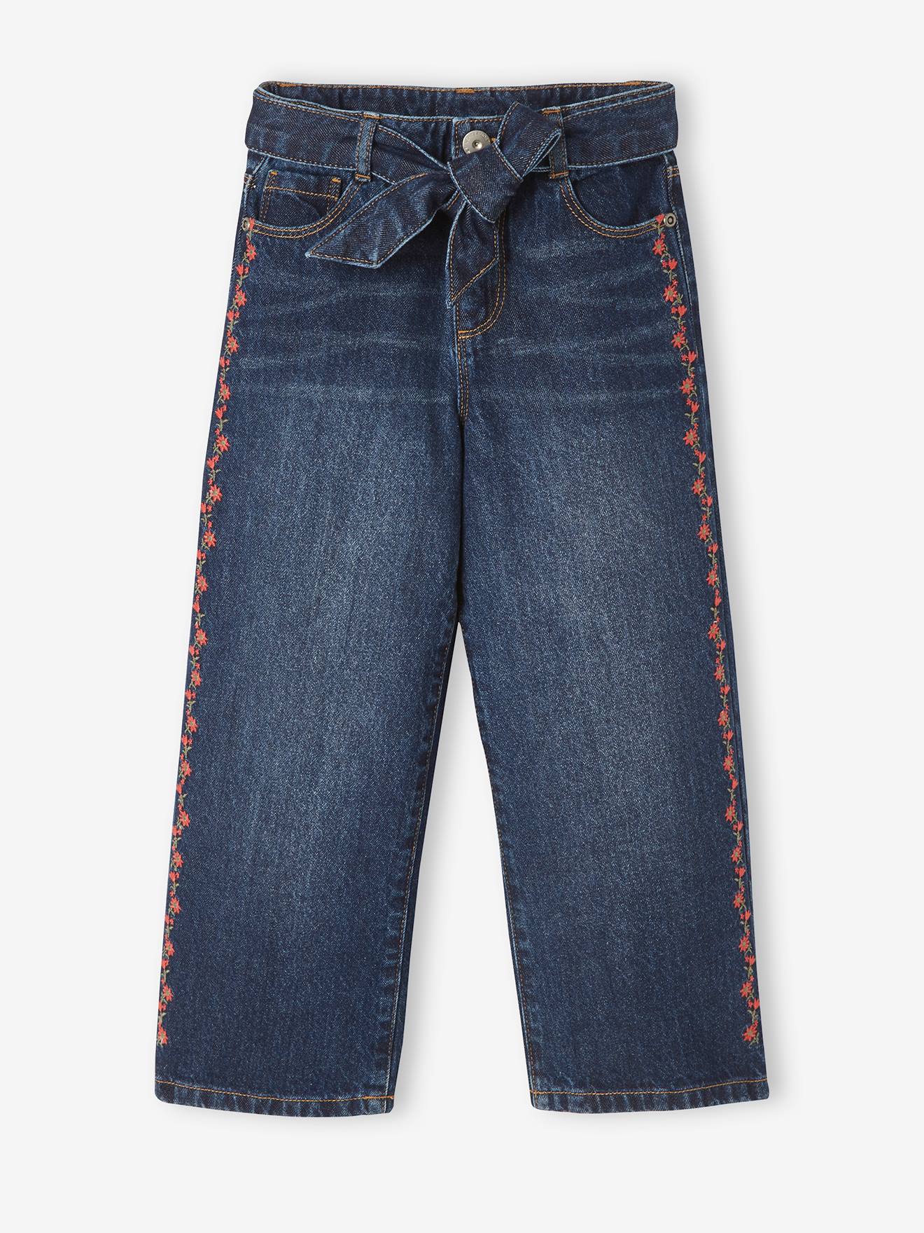 Jean large brodé fleurs fille brut