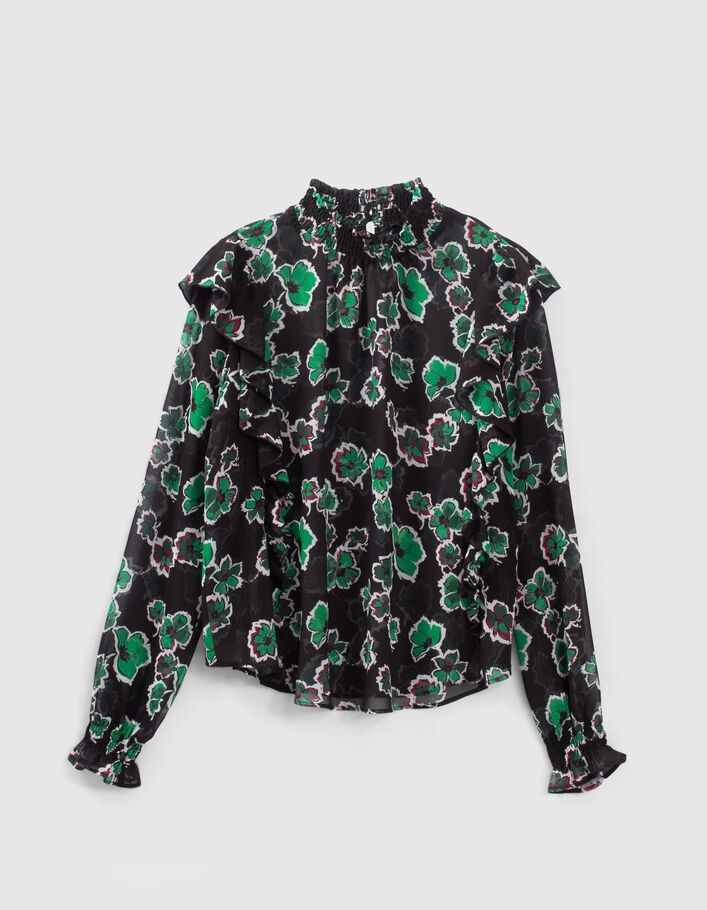 Blouse noire imprimé maxi floral à volants Femme