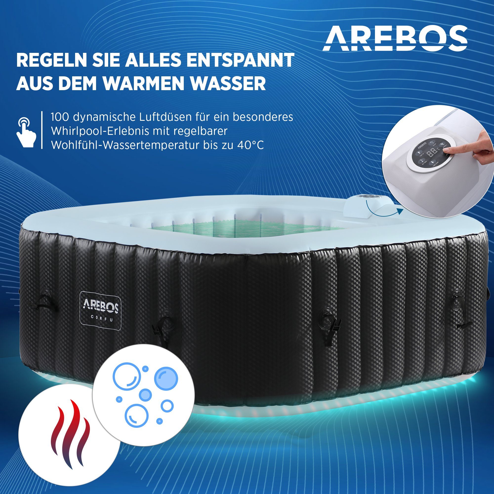 Arebos Whirlpool 154 x 154 cm, mit LED-Beleuchtung, 6 Farben, (Komplett -Set)