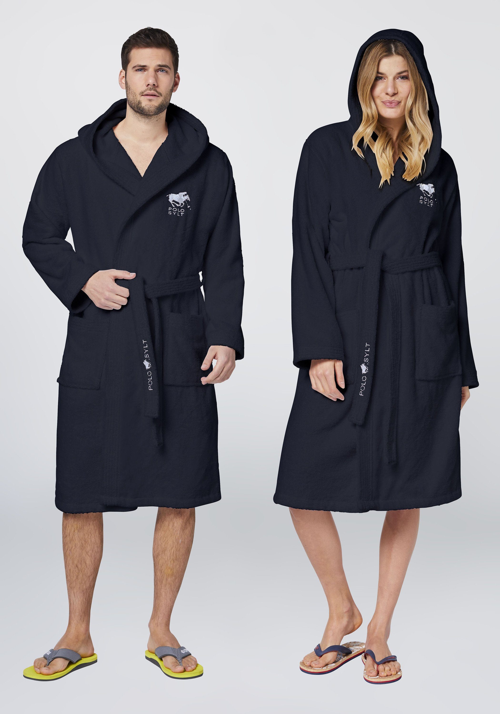Polo Sylt Bademantel mit Logos, Gürtel und aufgesetzten Taschen, langform, Baumwolle, Gürtel