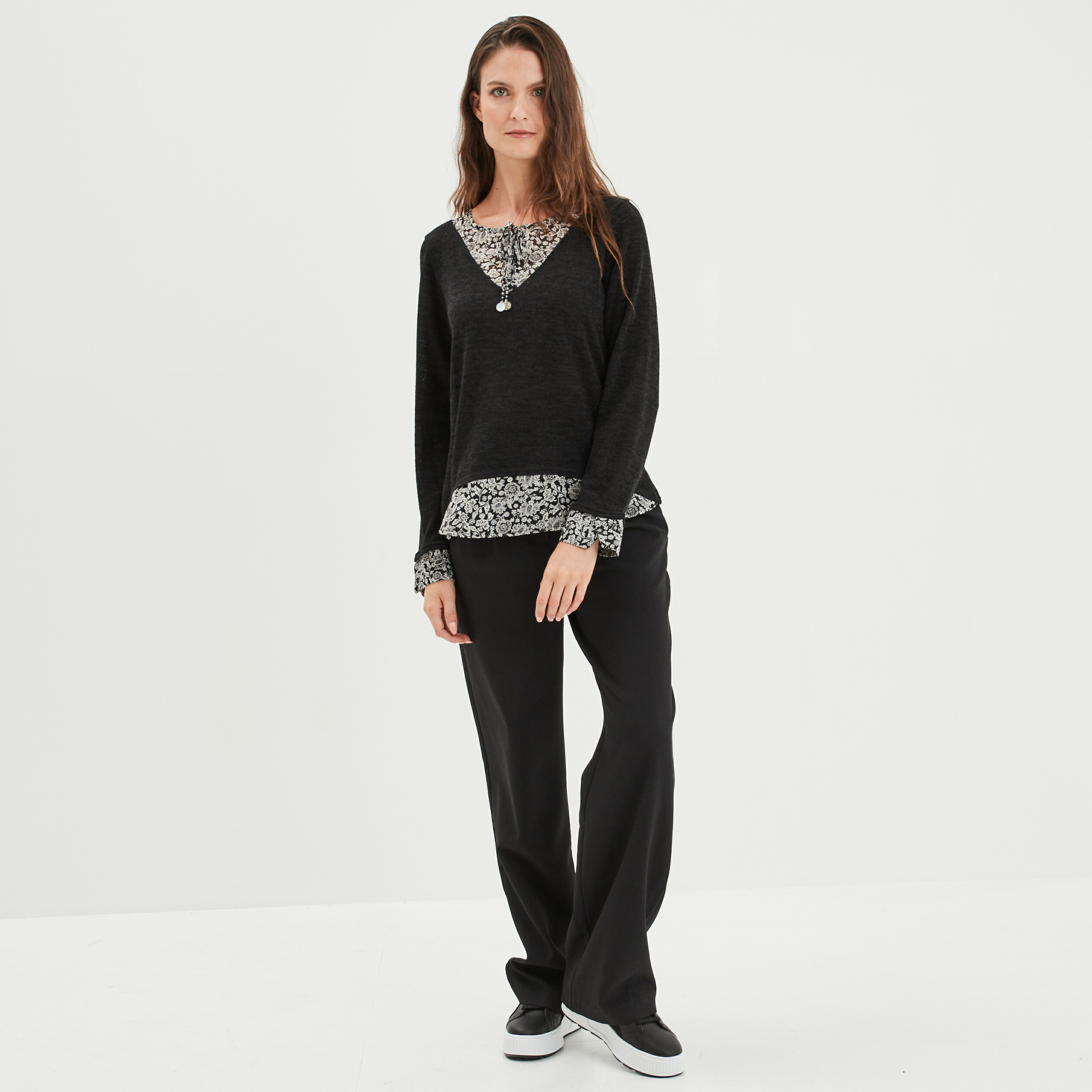 Pull effet 2-en-1 noir femme | La Halle