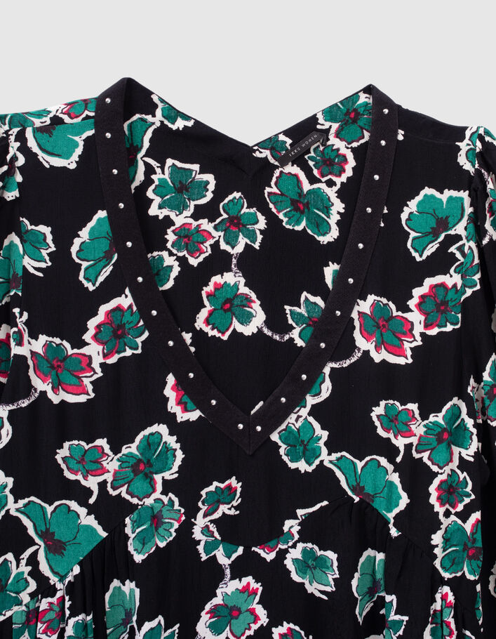 Robe noire imprimé maxi floral à col clouté Femme