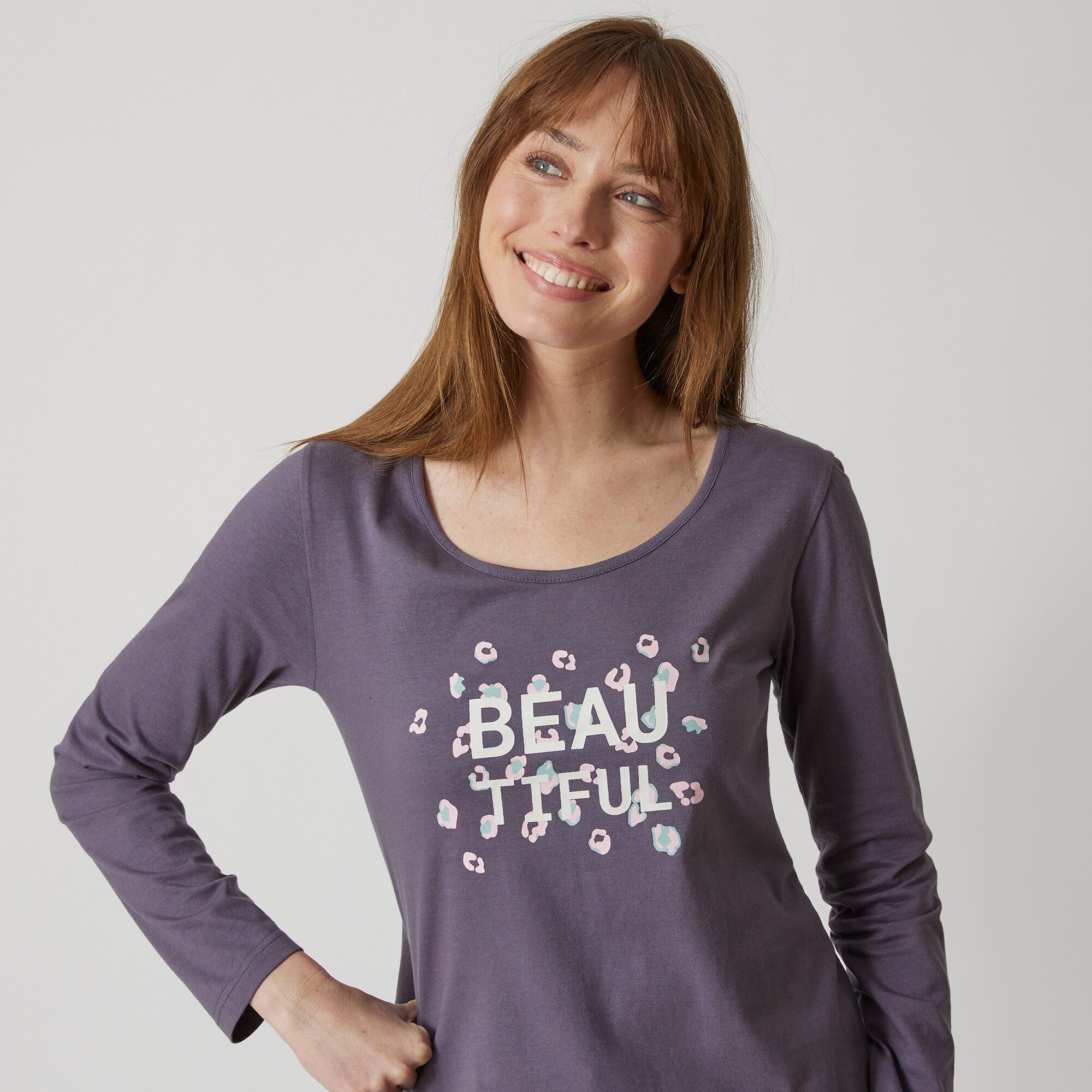 Tee-shirt manches longues coton uni imprimé placé 