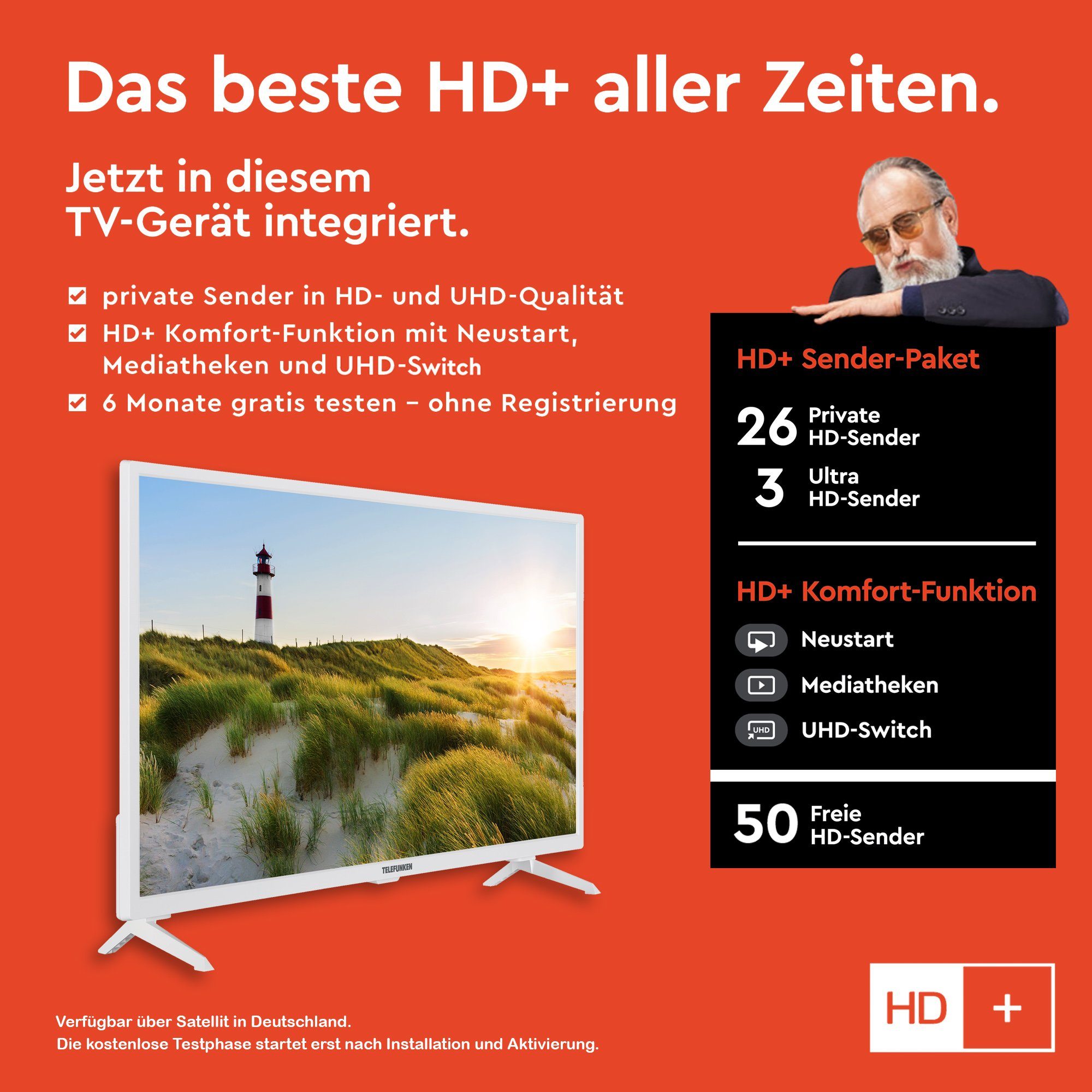 Telefunken XH32SN550S-W LCD-LED Fernseher (80 cm/32 Zoll, HD-ready, Smart TV, HDR, Triple-Tuner, Dolby Audio - 6 Monate HD+ gratis)