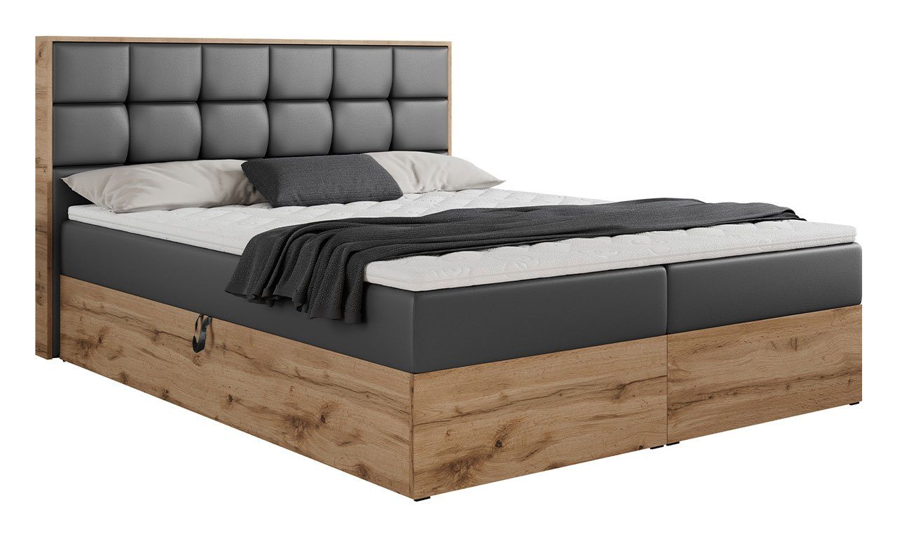 MKS MÖBEL Boxspringbett ALBERO 1, Doppelbett, Multipocket-Matratze, Eiche Holzrahmen, Praktisch
