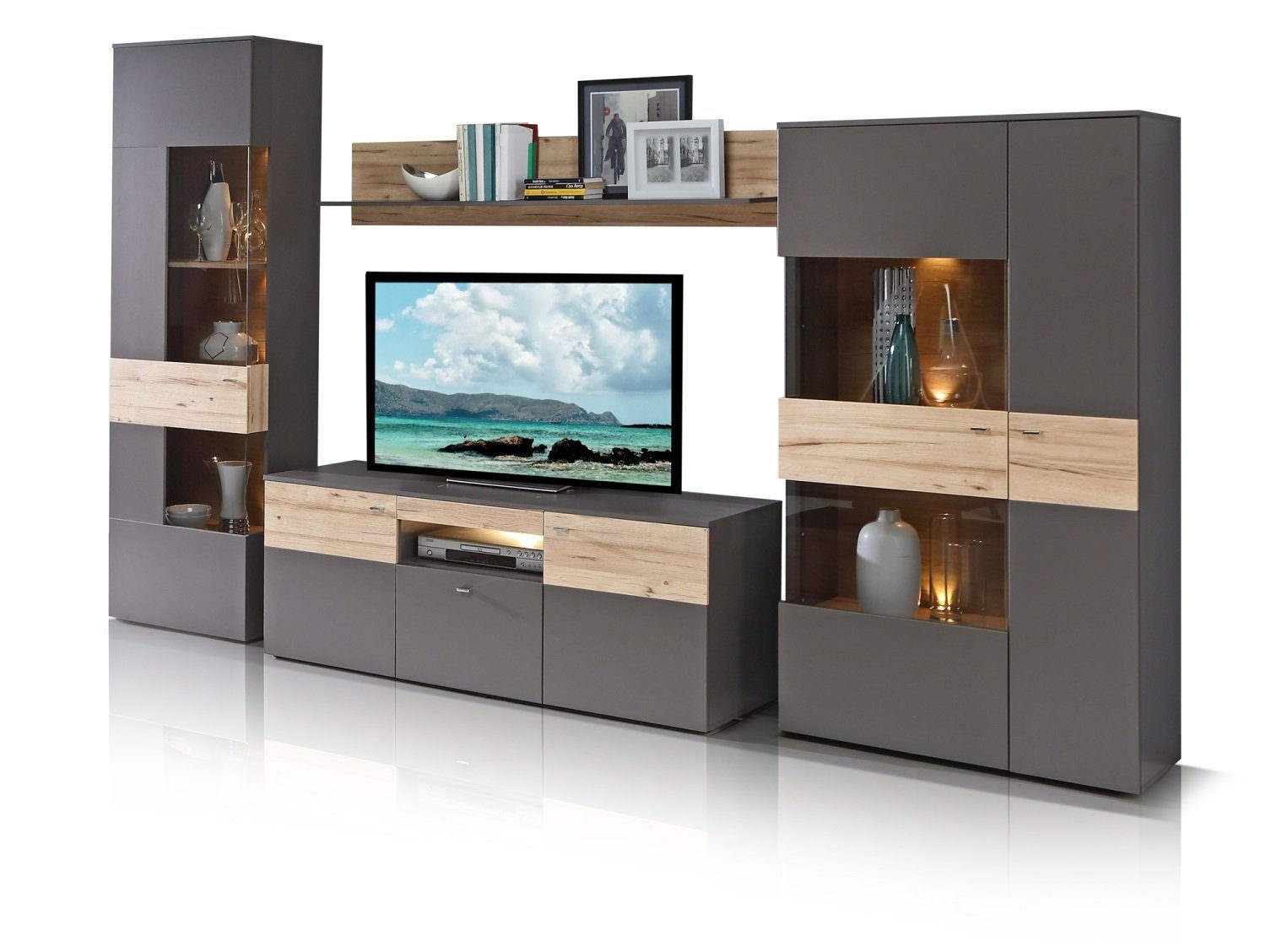 möbel-direkt.de Wohnwand Como, (Komplett Set, 4-St., Standvitrine + Wandboard + TV- Schrank + Highboard), Selbsteinzug, Dämpfungsbeschläge, Beleuchtung