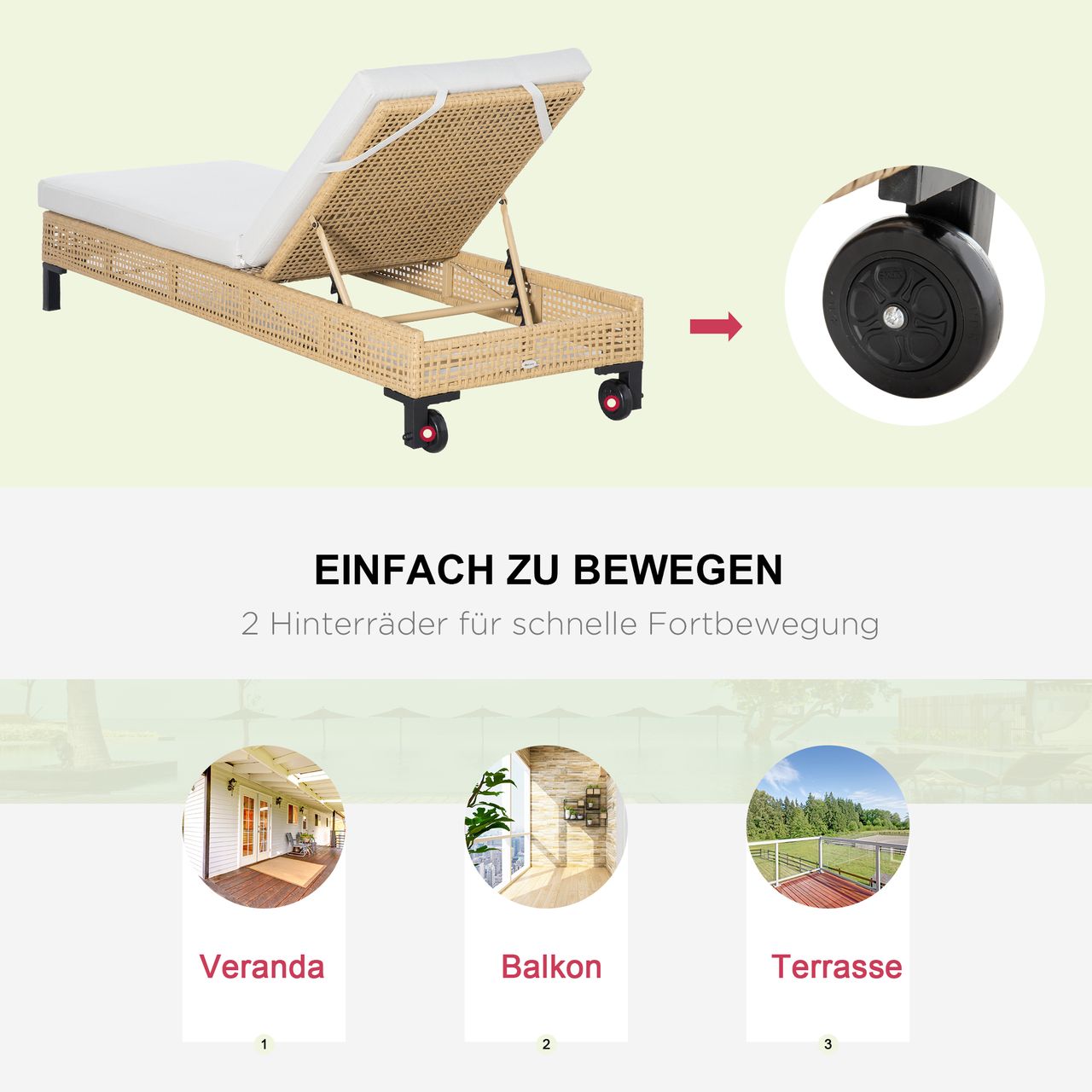 Outsunny Polyrattan Sonnenliege Gartenliege mit Kissen 3-stufig verstellbar Rattanliege Gartenmöbel Liege Stahl Natur 65 x 200 x 31 cm