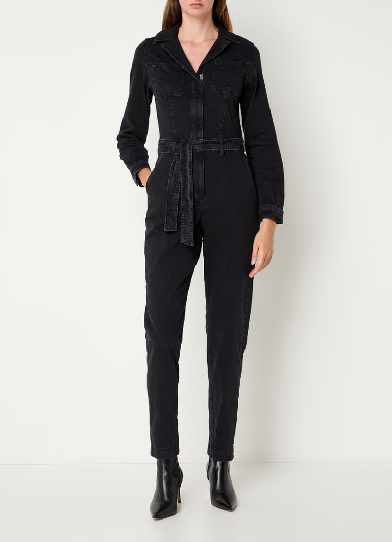 Summum straight-fit denim jumpsuit with tie belt and chest pockets
