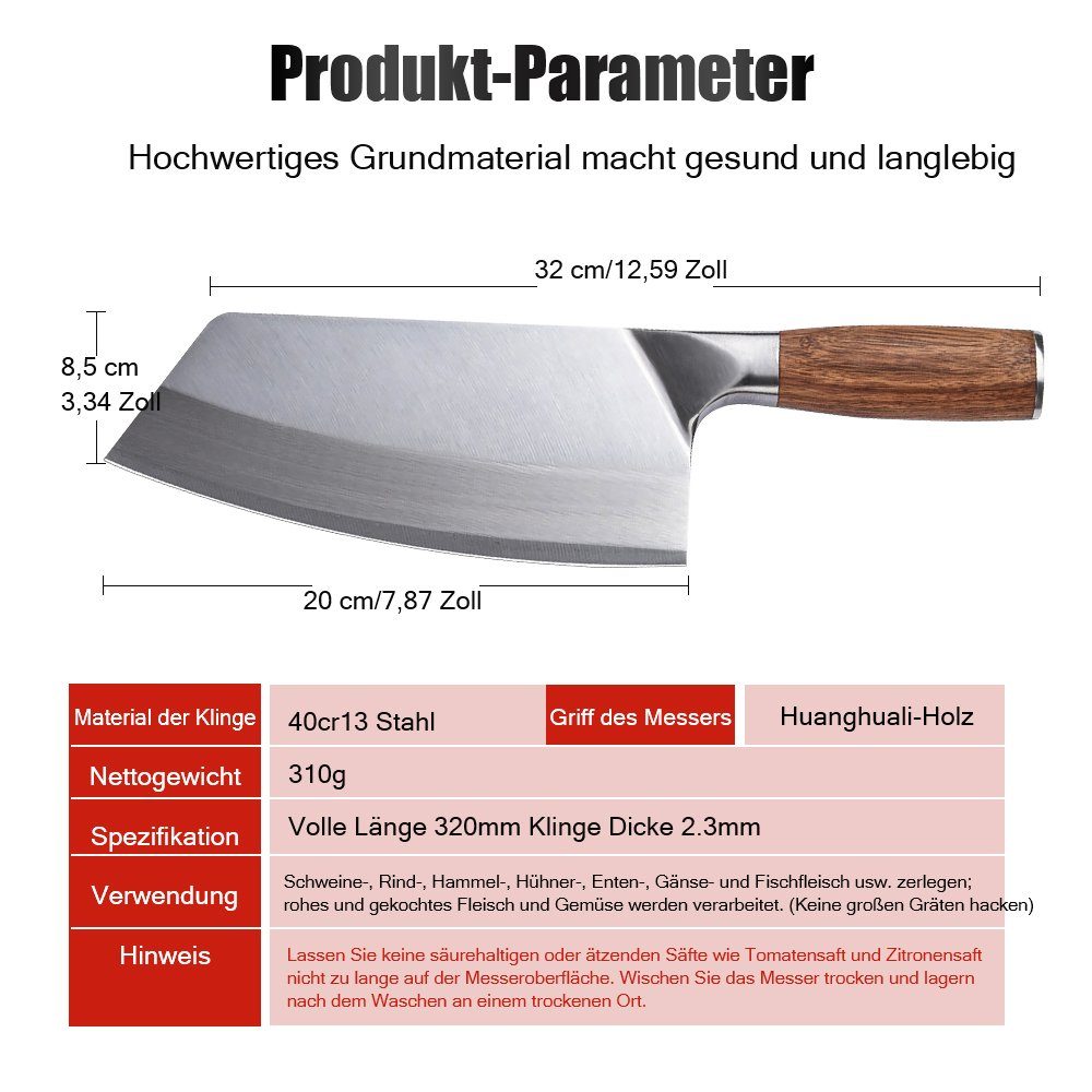 MDHAND Kochmesser Küche hohe Kohlenstoff-Edelstahl Schneiden Hackmesser, 32CM