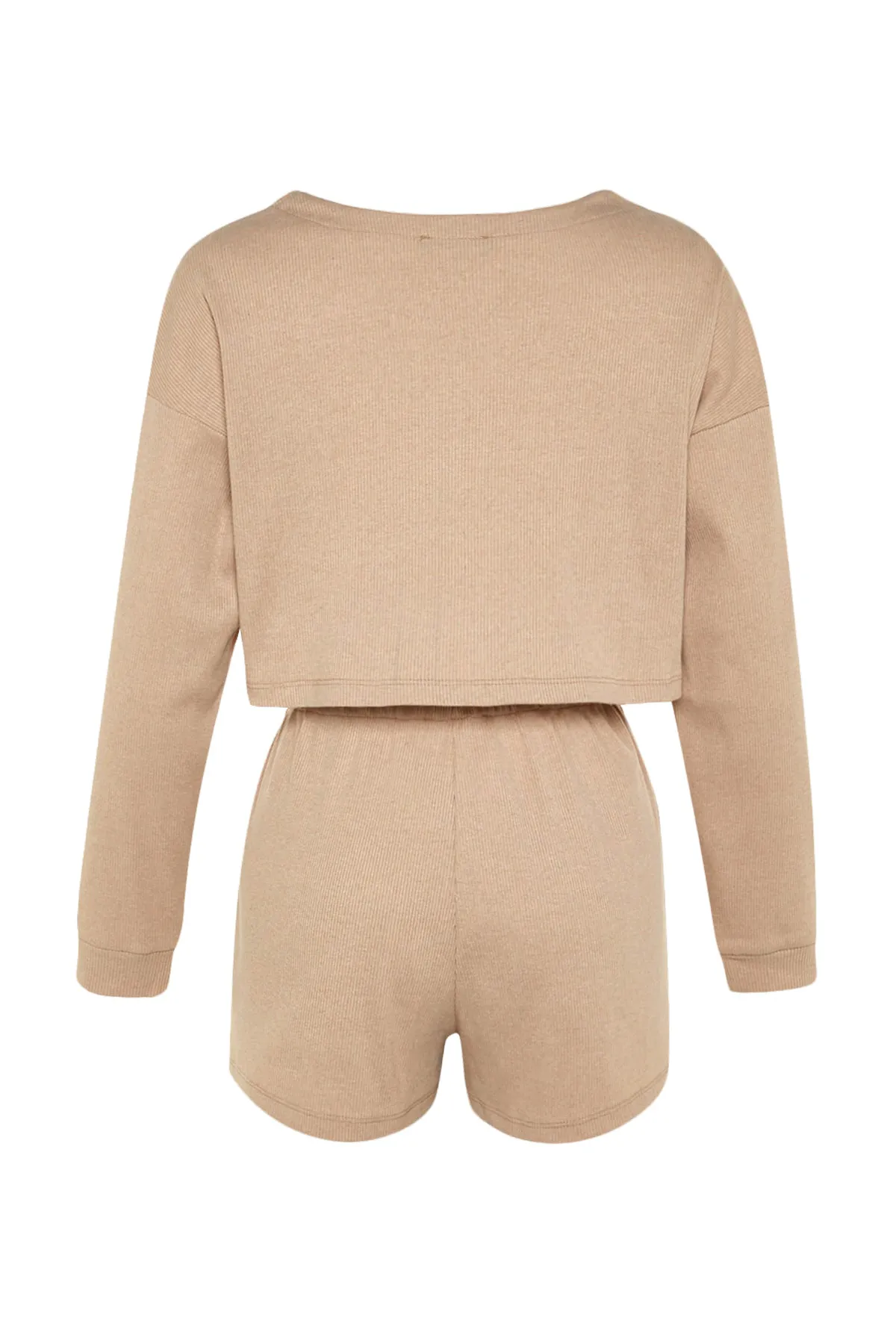 Trendyol Collection  Beige gestricktes Pyjama-Set mit Strickjacke und Shorts aus Cord-Baumwolle mit Stickerei THMAW22PT0229