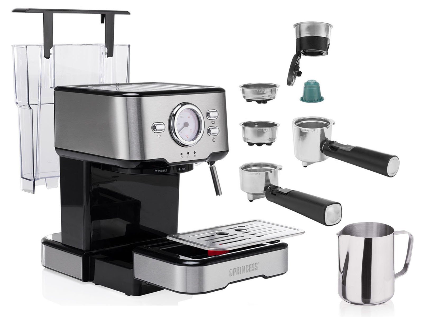 PRINCESS Siebträgermaschine, italienische Siebdruck Kaffee & Espresso-Maschine mit Milchaufschäumer