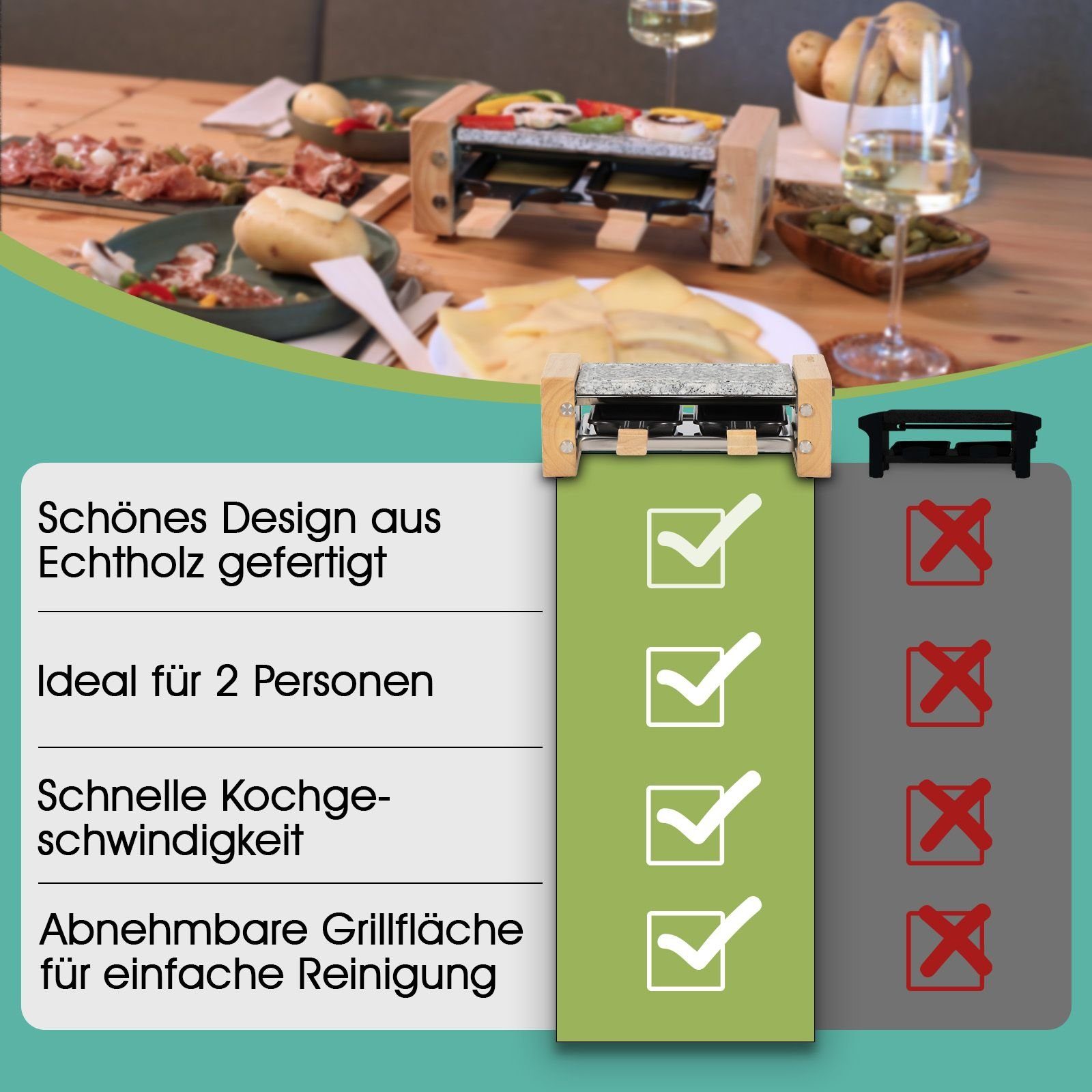 bmf-versand Raclette Raclette 2 Personen Tischgrill Elektrogrill Heißer Stein, 2 Raclettepfännchen, 350,00 W