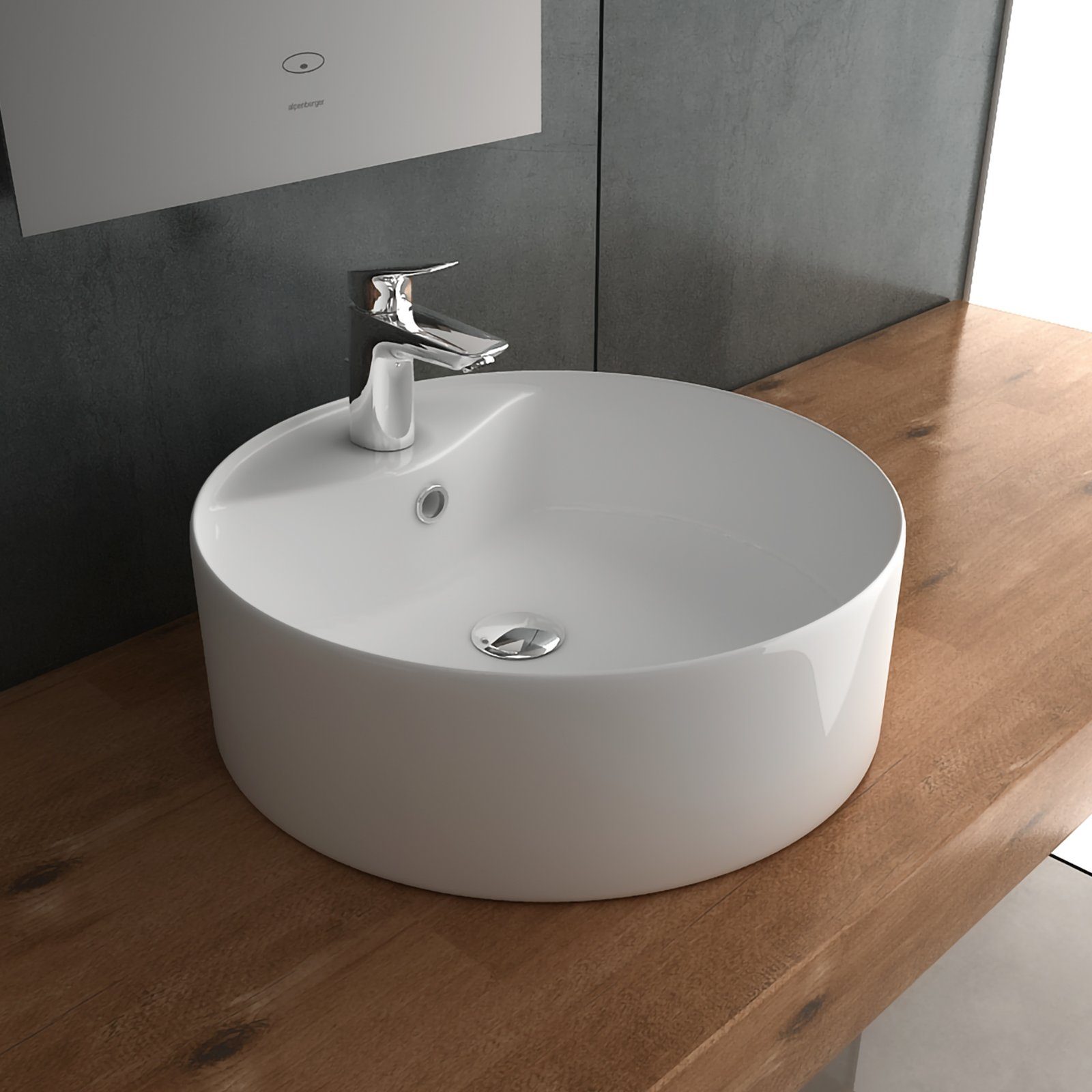 Alpenberger Aufsatzwaschbecken Klein - Waschbecken Rund 40 cm Ø - Keramik Waschschale mit Überlauf (1-tlg., 1-St., Handwaschbecken), Aufsetzbare Washbasin pflegeleicht & hygienisch mit Lotuseffekt