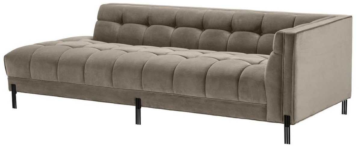 Casa Padrino Loungesofa Luxus Lounge Sofa Greige / Schwarz 223 x 95 x H. 68 cm - Rechtsseitiges Wohnzimmer Sofa mit edlem Samtsoff und 2 Kissen