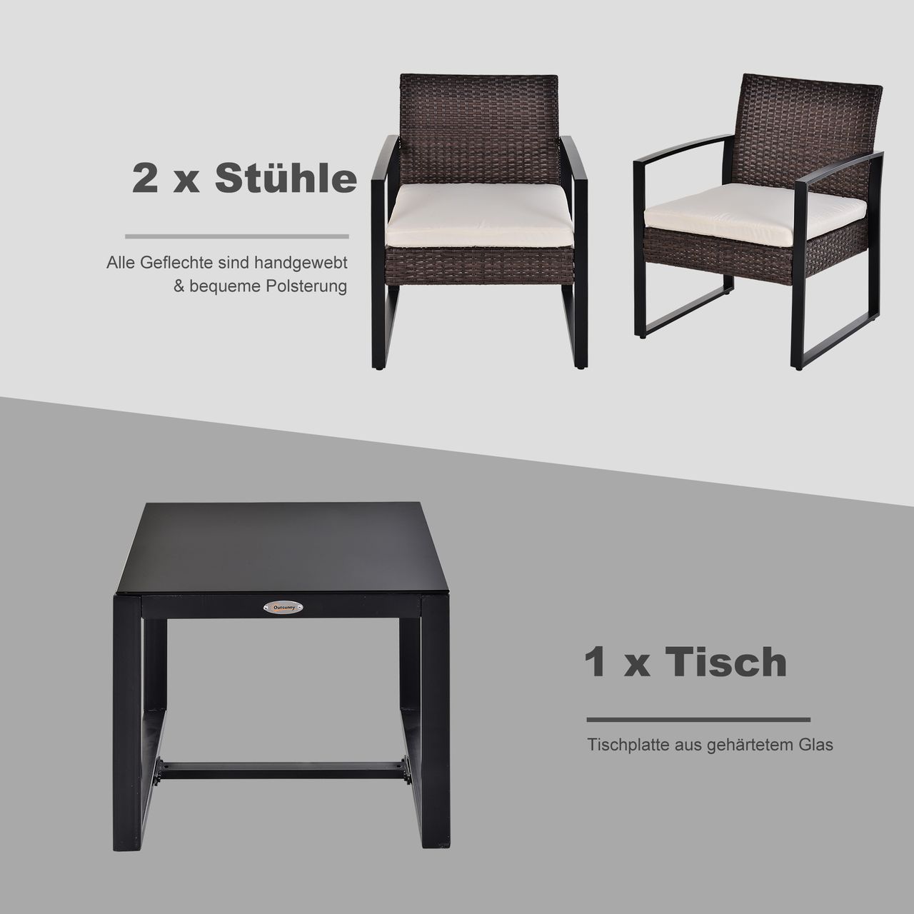 Outsunny Polyrattan Gartenset 3 tlg. Balkonmöbel Set mit Kissen Braun Creme