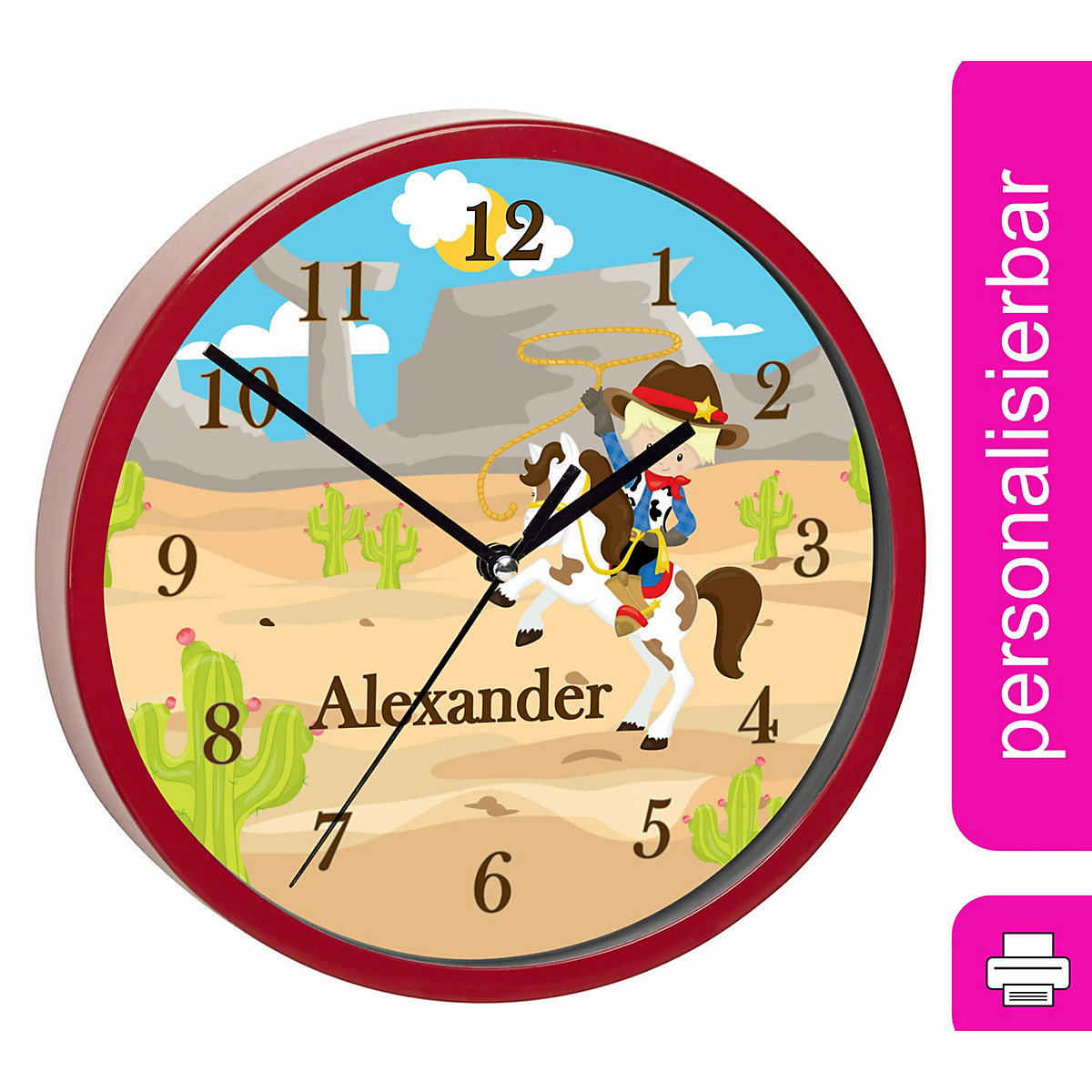 Kinder Wanduhr laufruhig personalisiert mit Name Cowboy