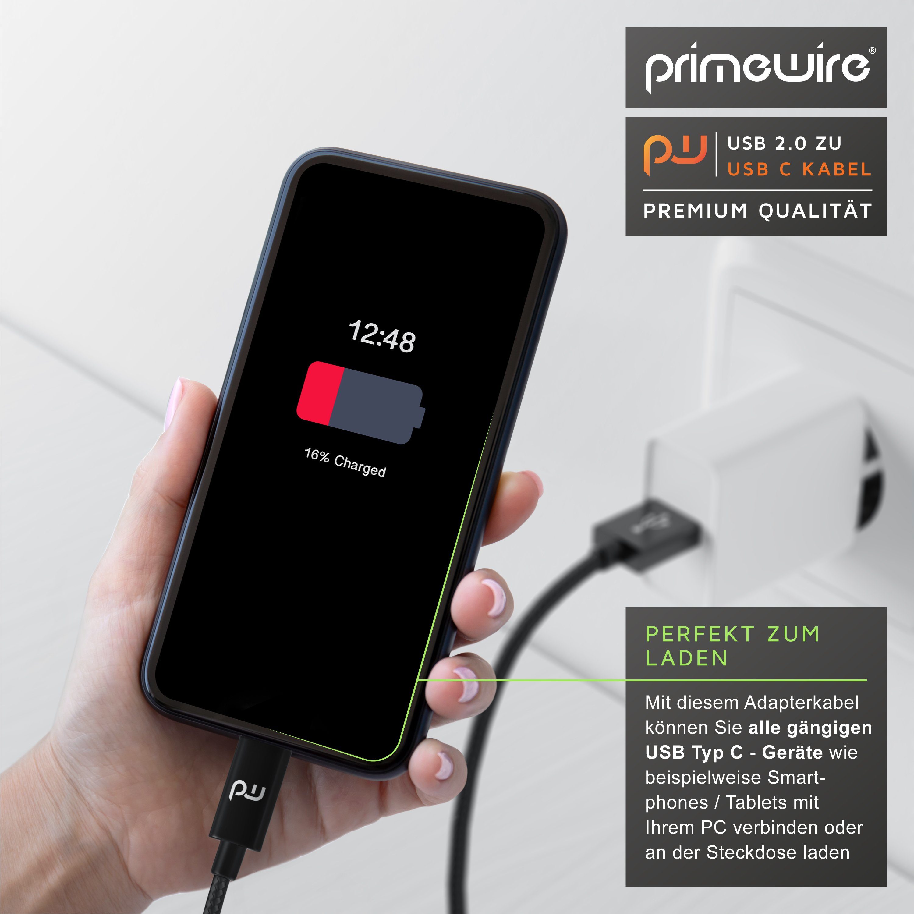 Primewire USB-Kabel, 3.1, USB-C, USB 3.0 Typ A (100 cm), Ladekabel, Datenkabel, Adapterkabel für Smartphone & Tablet - 1m