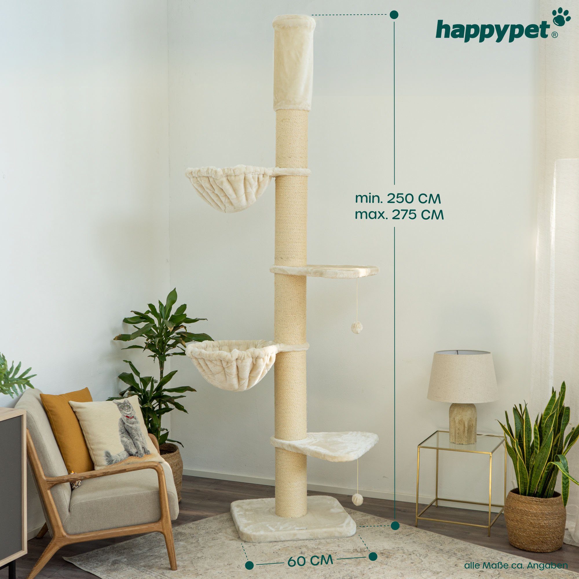 Happypet Kratzbaum LEONARDO, Natursisal, Gesamthöhe bis ca. 275 cm, Liegemulde ca. Ø 45 cm
