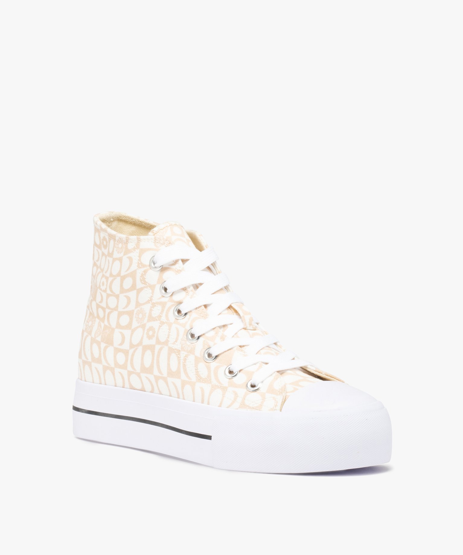 Baskets femme mid-cut en toile imprimée damier beige | GEMO