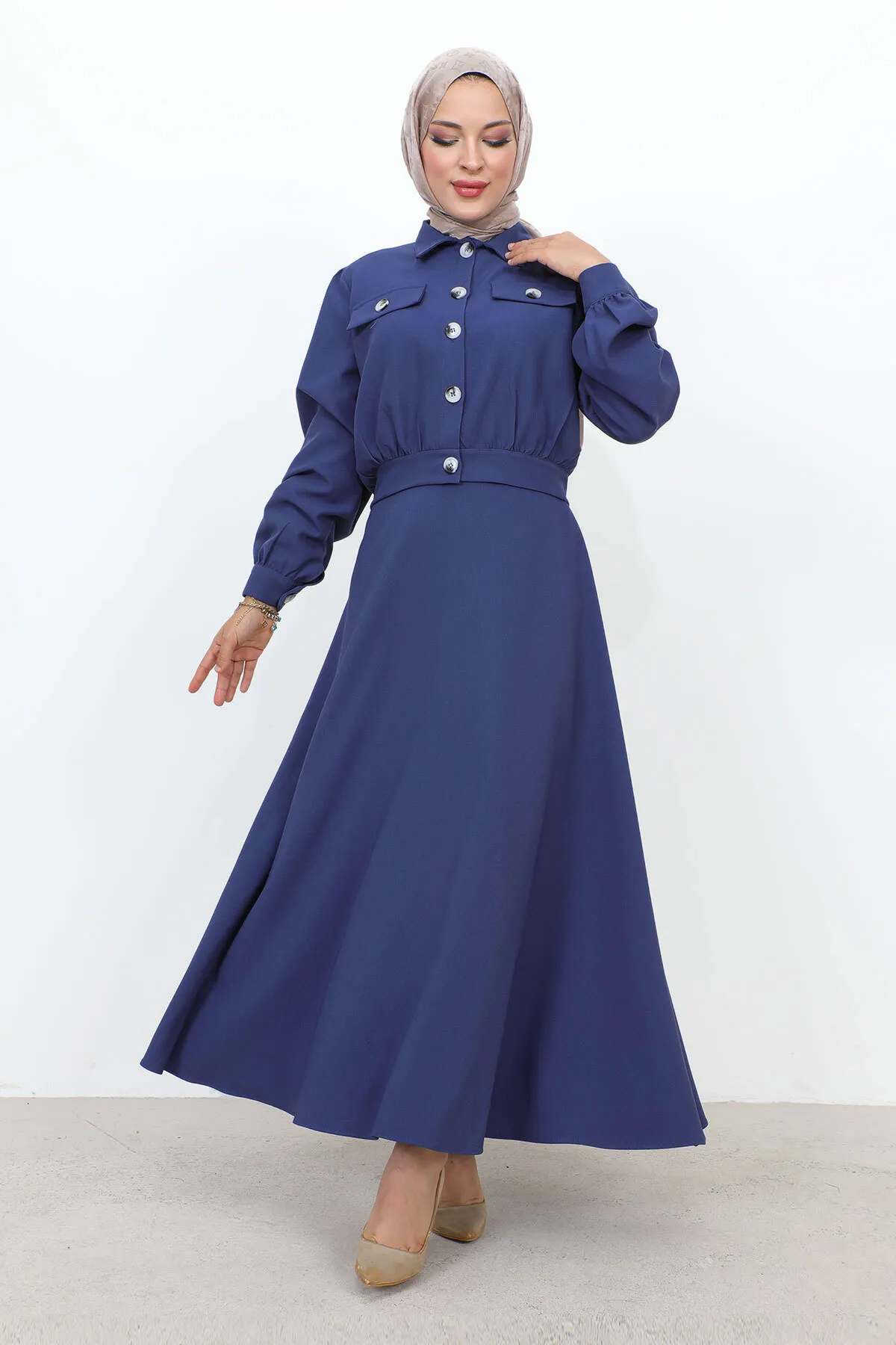 Tesettür Dünyası  Anzug mit geraffter Taille und Taschenrock TSD231201 Indigo
