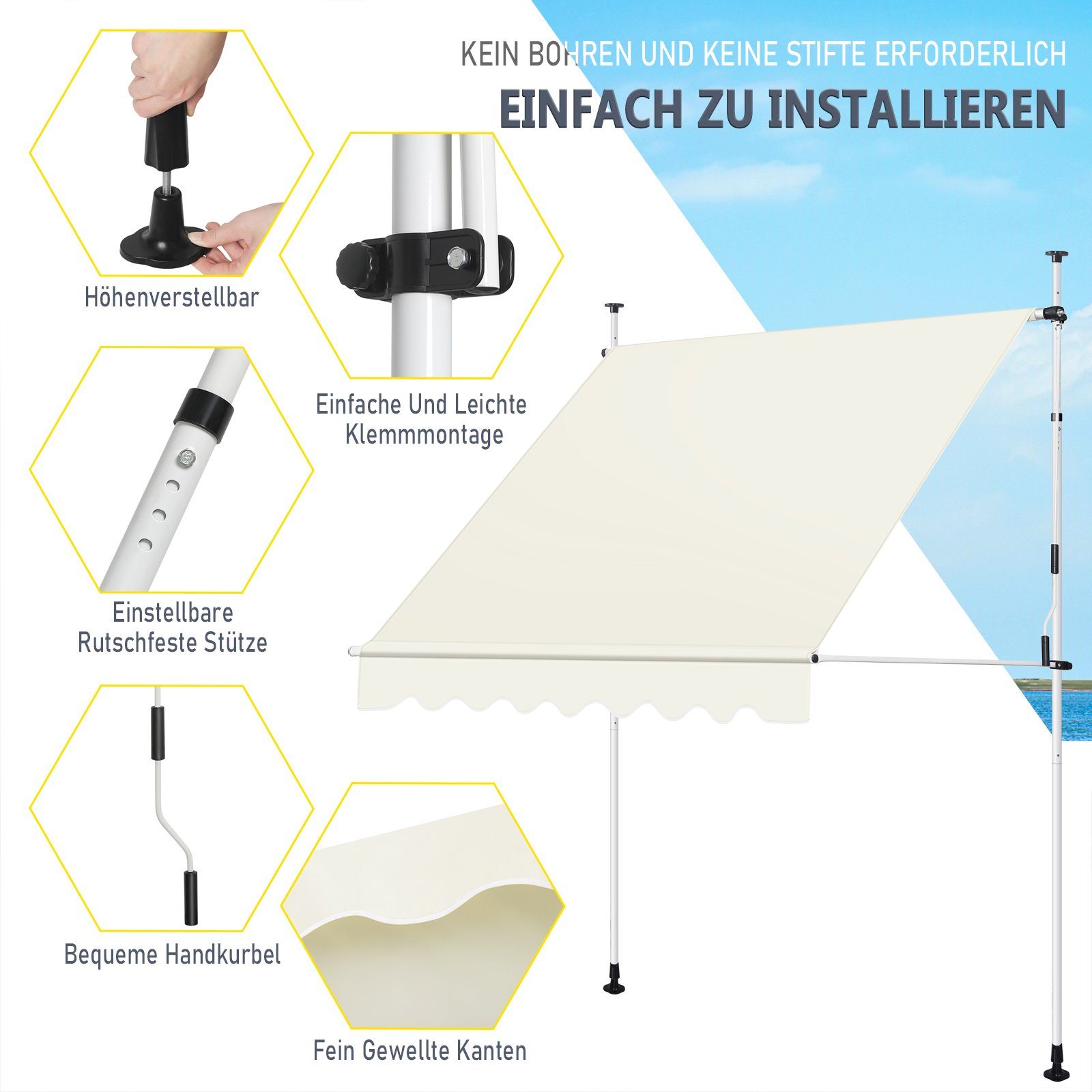 Woltu Klemmmarkise (1-St) höhenverstellbar, UV-beständig wasserdicht