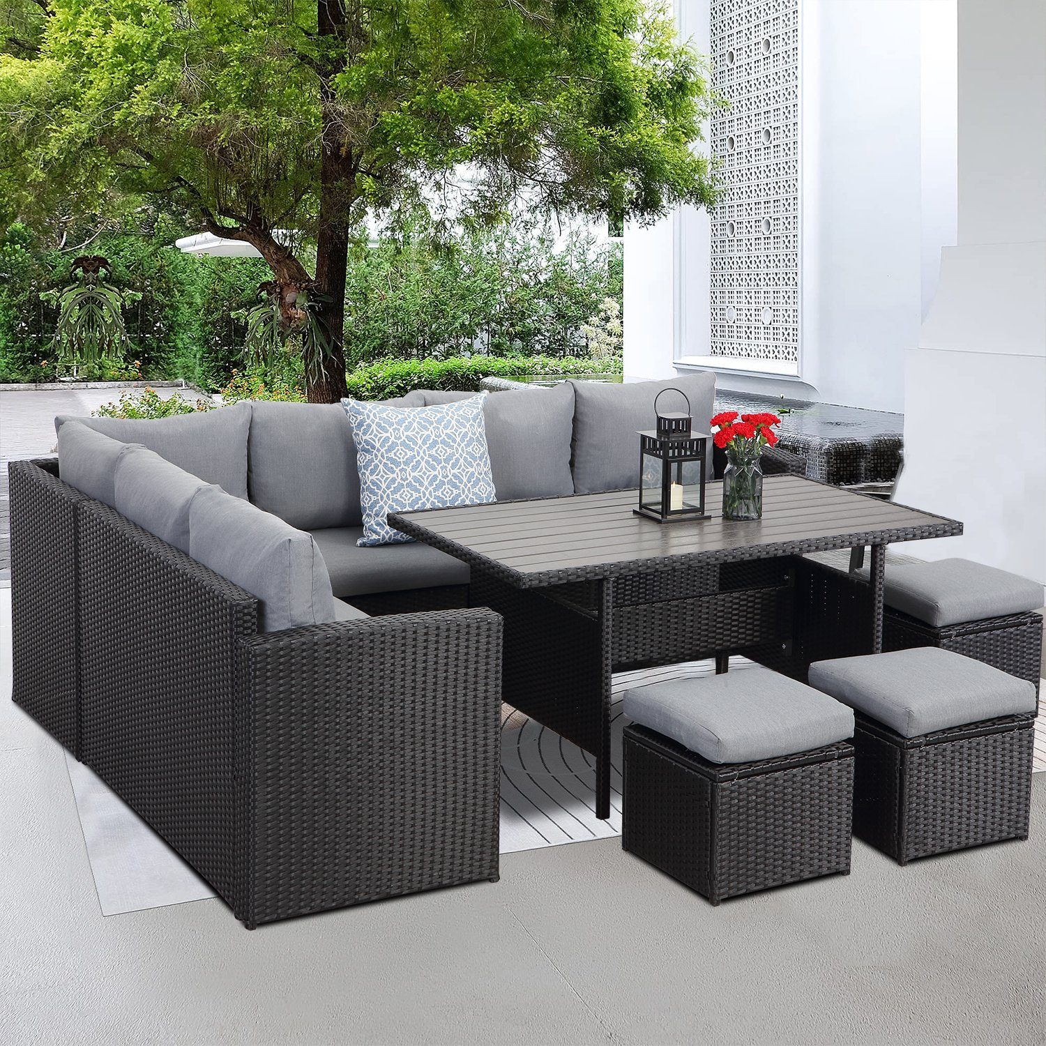 MeXo Gartenlounge-Set Polyrattan Gartenmöbel Set, (Terrassemöbel Set Lounge, 7-tlg., Ecksofa mit 3 x 2-Sitzer-Sofa, 3 Hocker, großer Esstisch 132x76x67 cm), Garten Essgruppe für 6-9 Personen