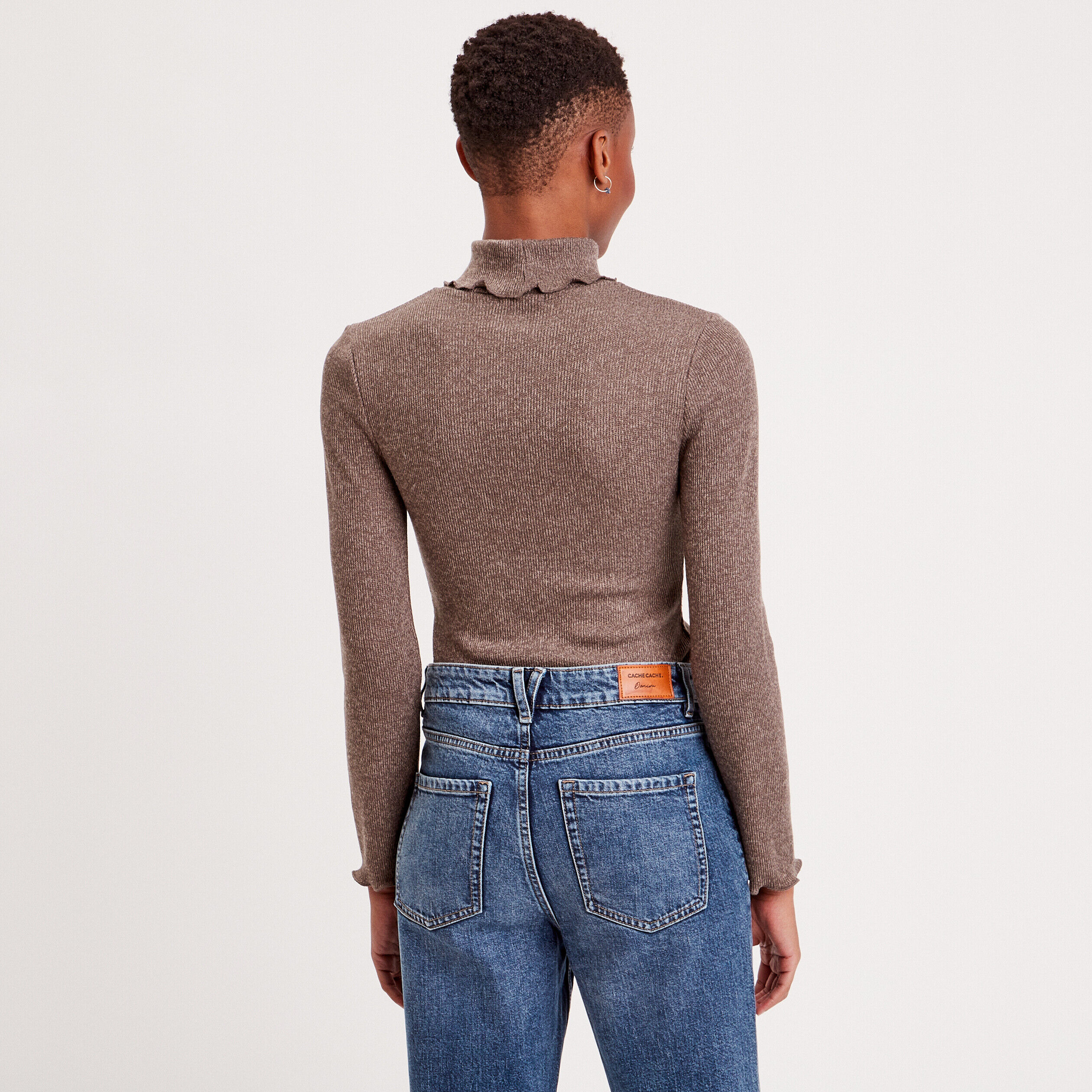 T-shirt col roulé bord vague taupe femme | Cache Cache