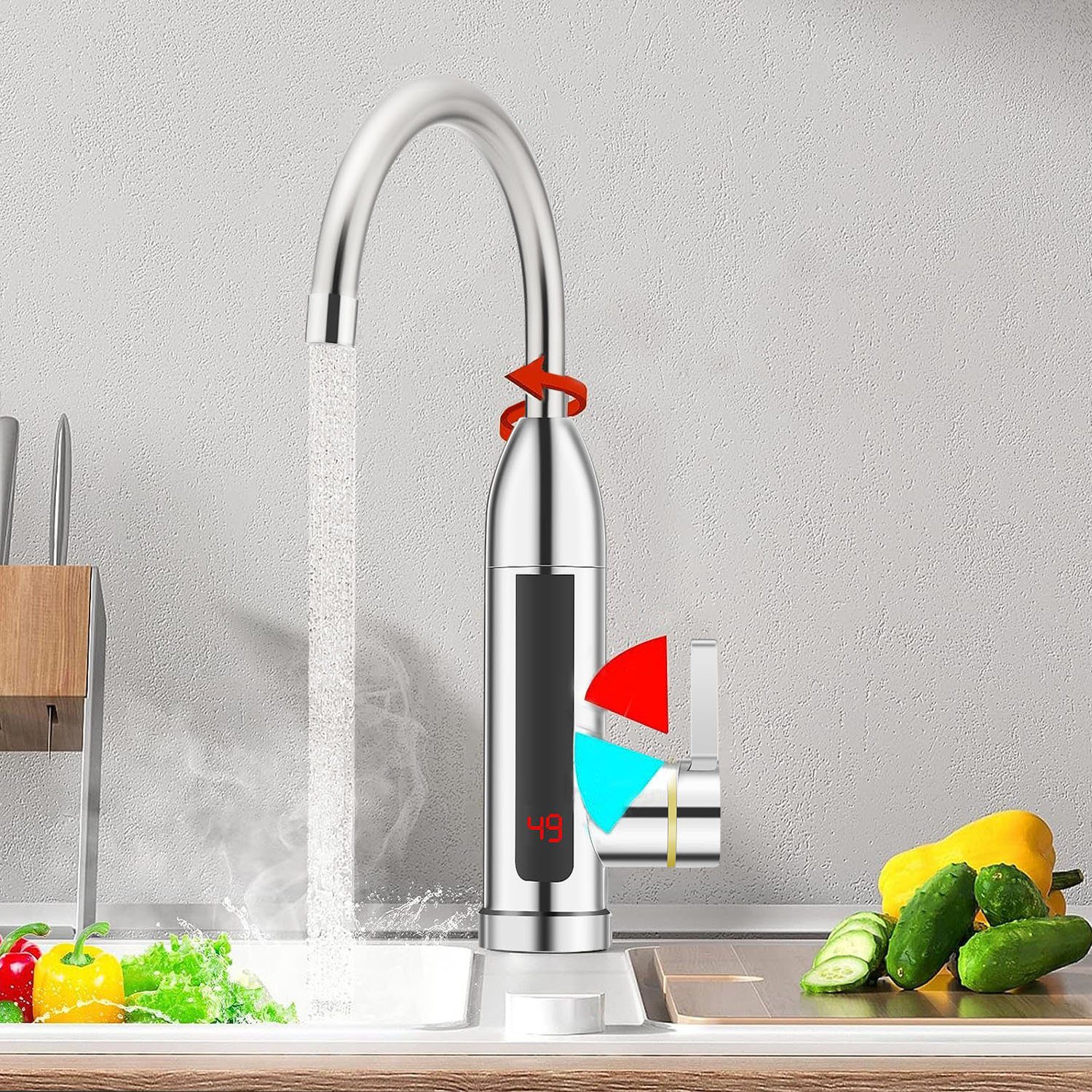 LETGOSPT Klein-Durchlauferhitzer 3000W Elektrischer Wasserhahn, Temperaturanzeige 0-60 ℃ Küchenarmatur, 360° Schwenkbar Wasserhähnen, LED Digitale Edelstahl Küchenarmatur