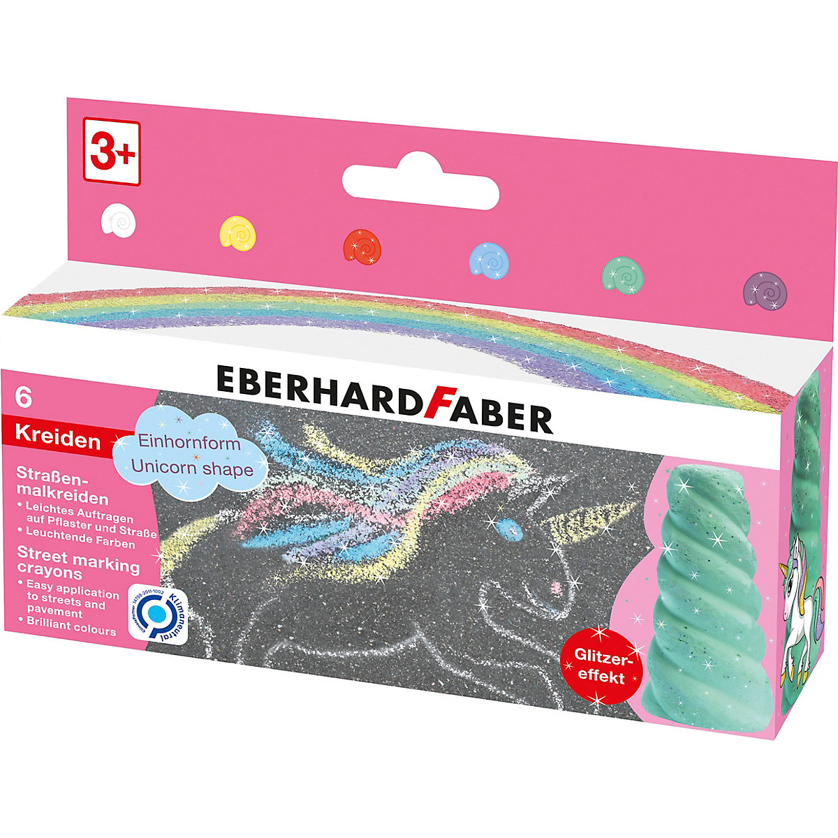 Straßenmalkreide Einhorn Glitzer, 6 Farben