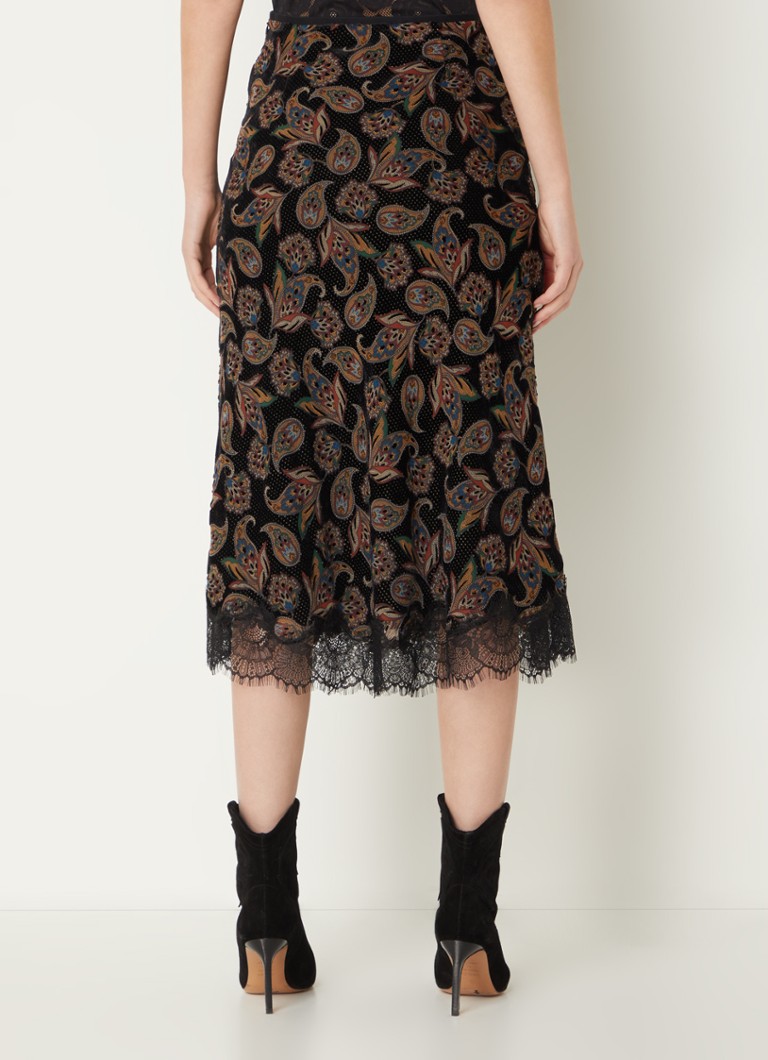 ba&sh  Rita midi rok van fluweel met inzet van kant en bloemenprint