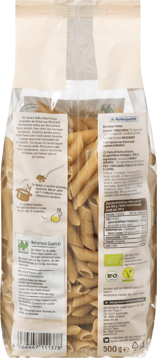 Nudeln, Penne aus Dinkel, 500 g