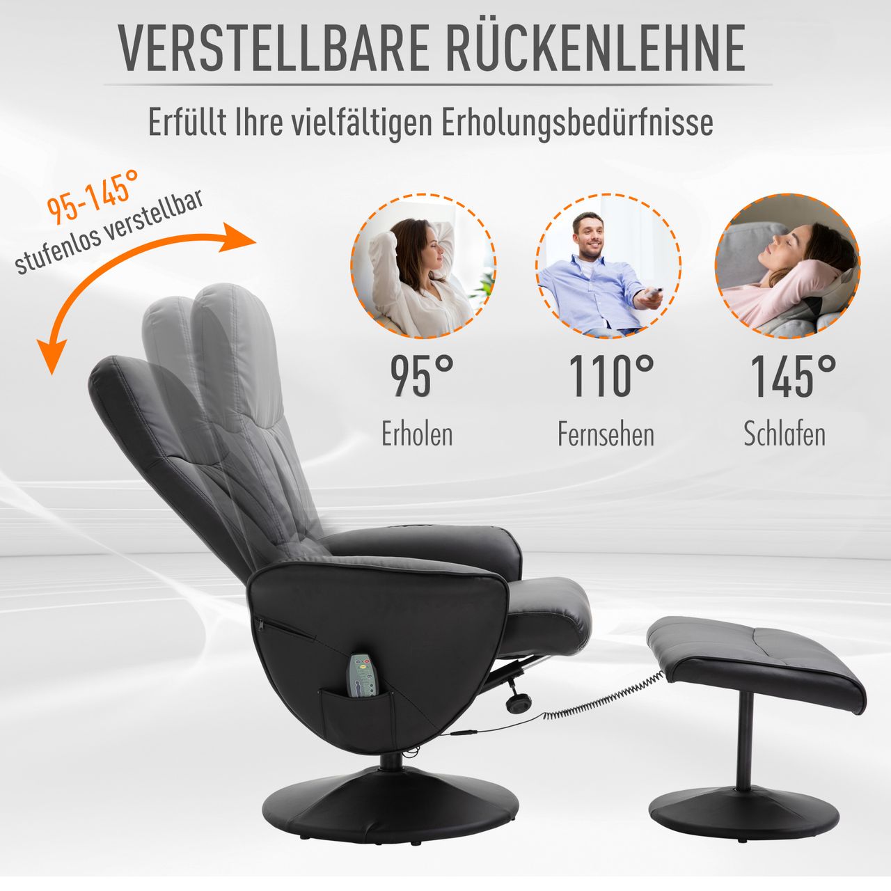 HOMCOM Massagesessel mit Fußhocker Massagesessel Relaxsessel TV-Sessel145°-Neigung Liegesessel Ergonomischer Stuhl mit 10 Vibrationpunkte Kunstleder Schwarz 76 x 81 x 105 cm