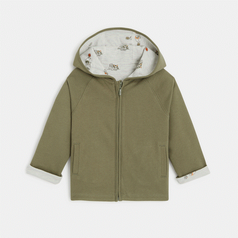 Sweat zippé à capuche réversible vert bébé garçon
