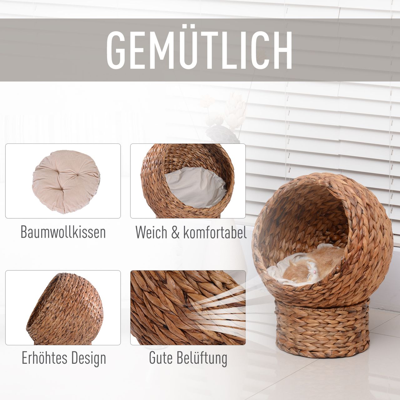 PawHut Rattan Katzenkorb Katzenhöhle Katzenbett mit Kissen Hellbraun